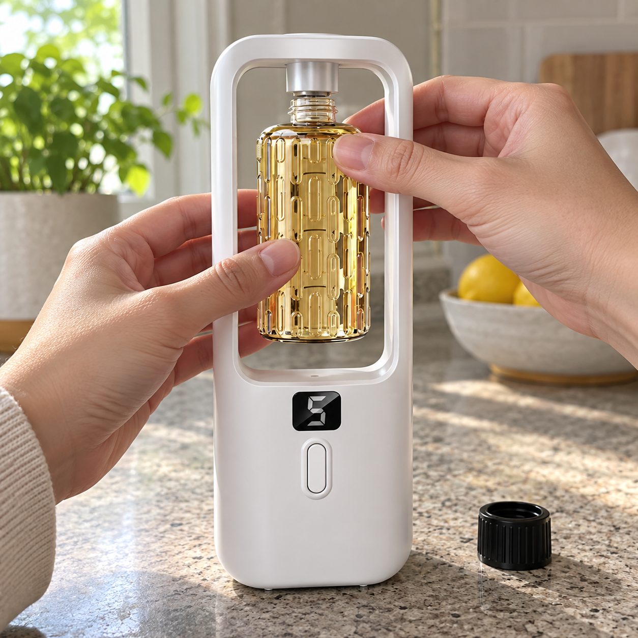 Hands aligning a transparent scent refill under the diffuser fitting