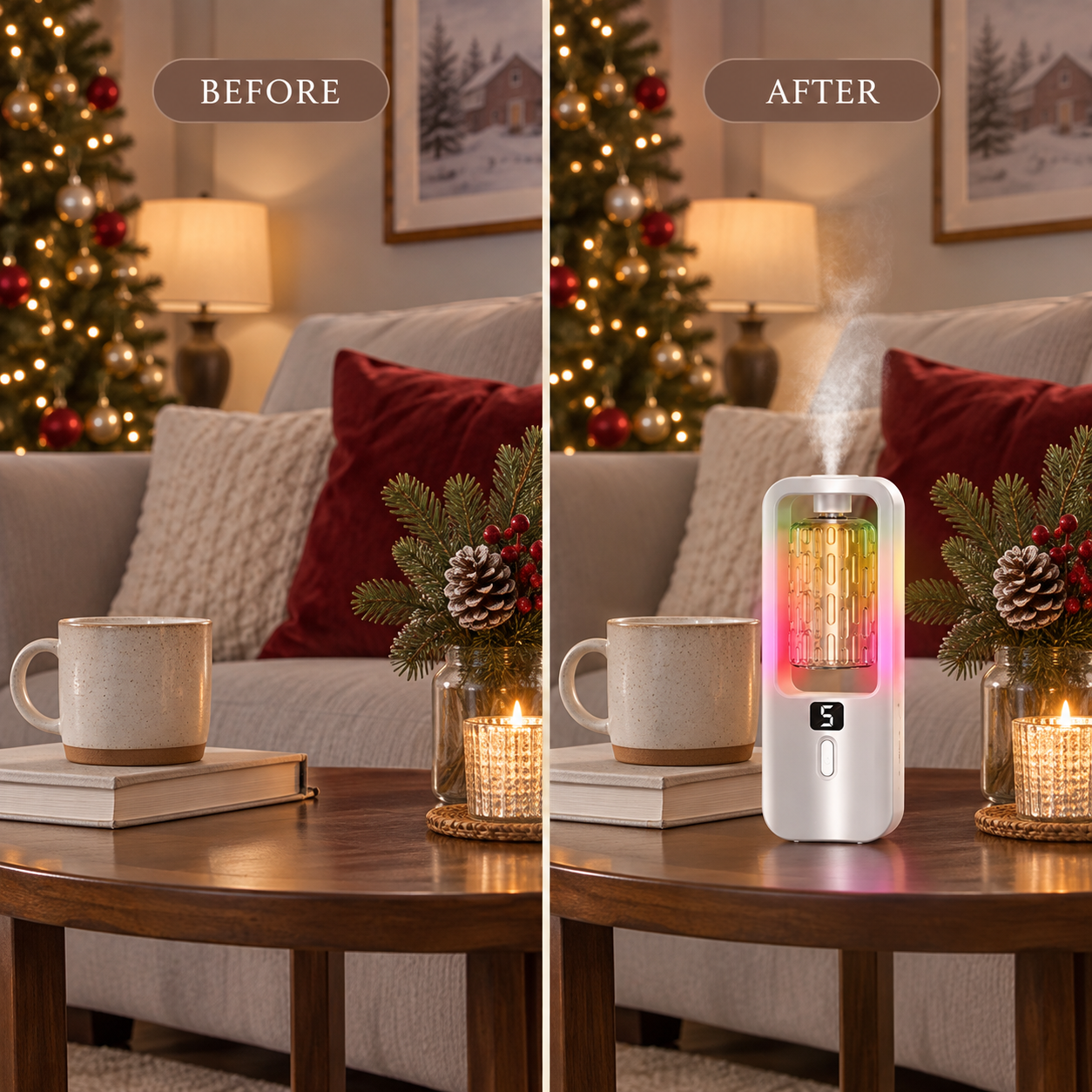 The same Christmas living room before and after adding the aroma diffuser