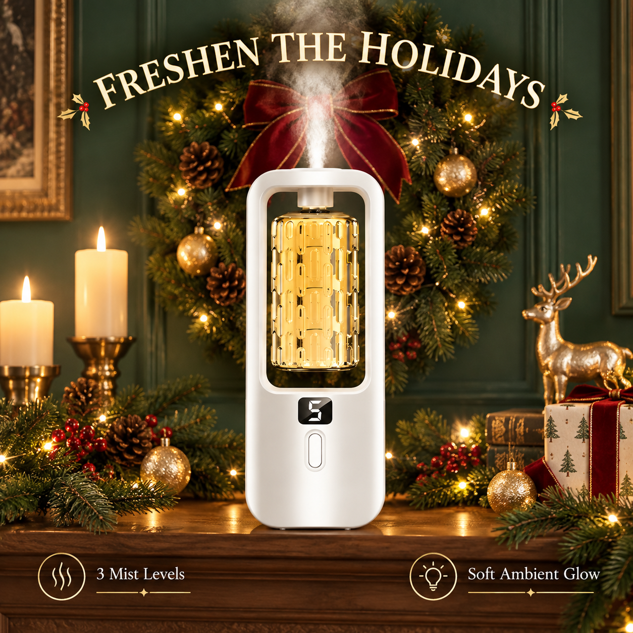 White smart aroma diffuser misting on a Christmas mantel