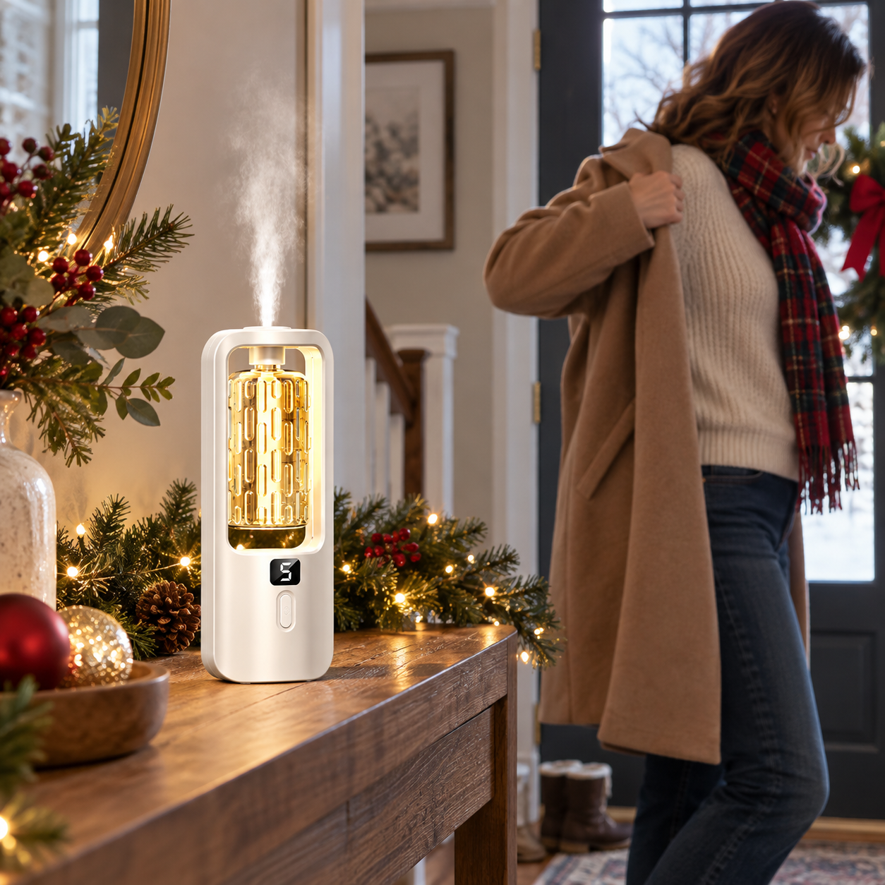 Aroma diffuser on an entryway console on a winter morning