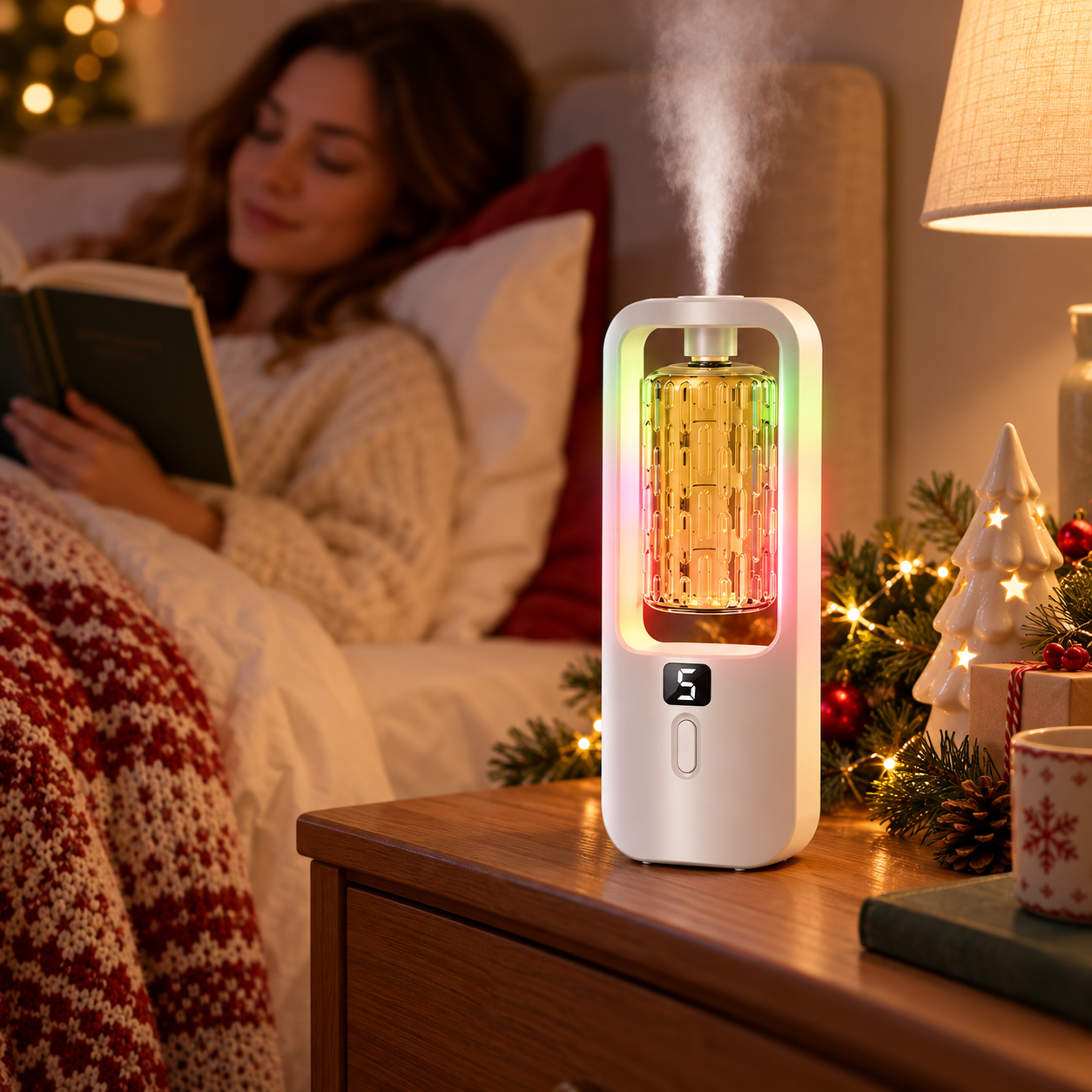 Aroma diffuser glowing on a bedside table at Christmas