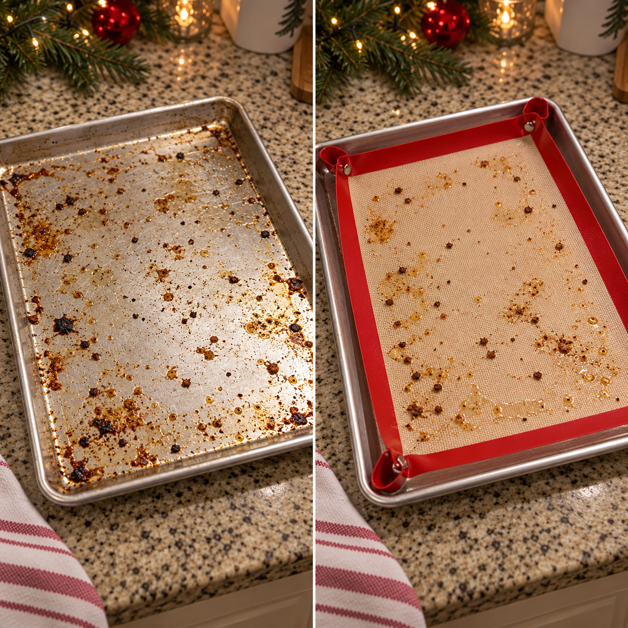 Before and after comparison of roasting drips on a bare sheet pan and on a red snap-corner baking mat