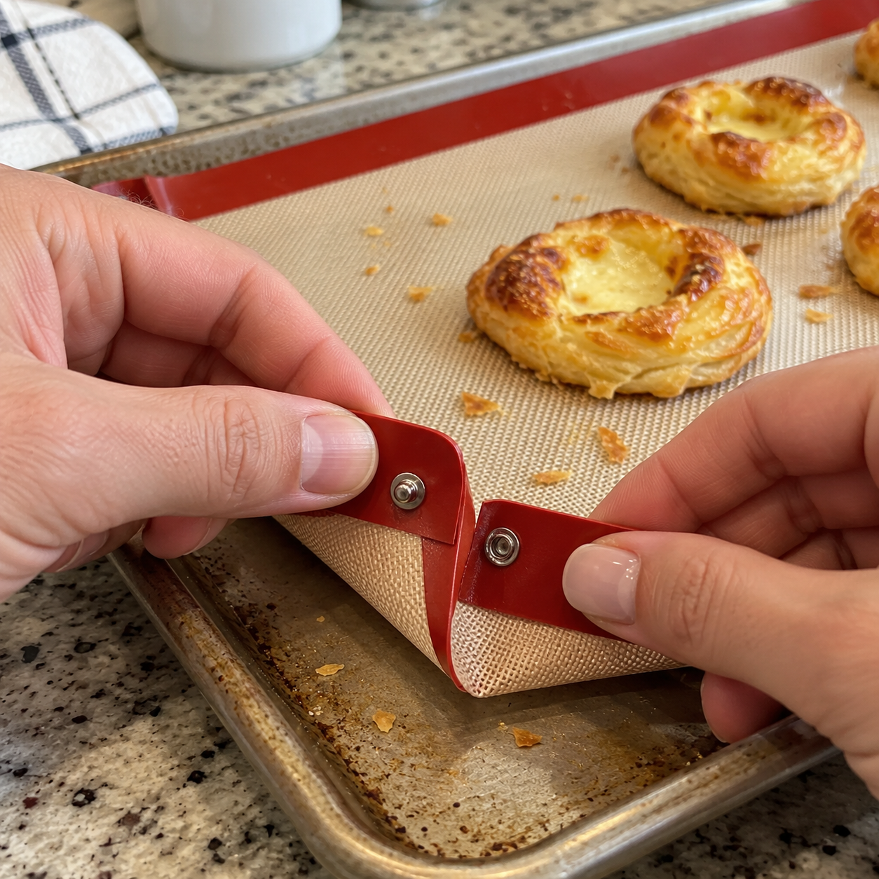Hands aligning and pressing together the metal snap halves on one red baking mat corner