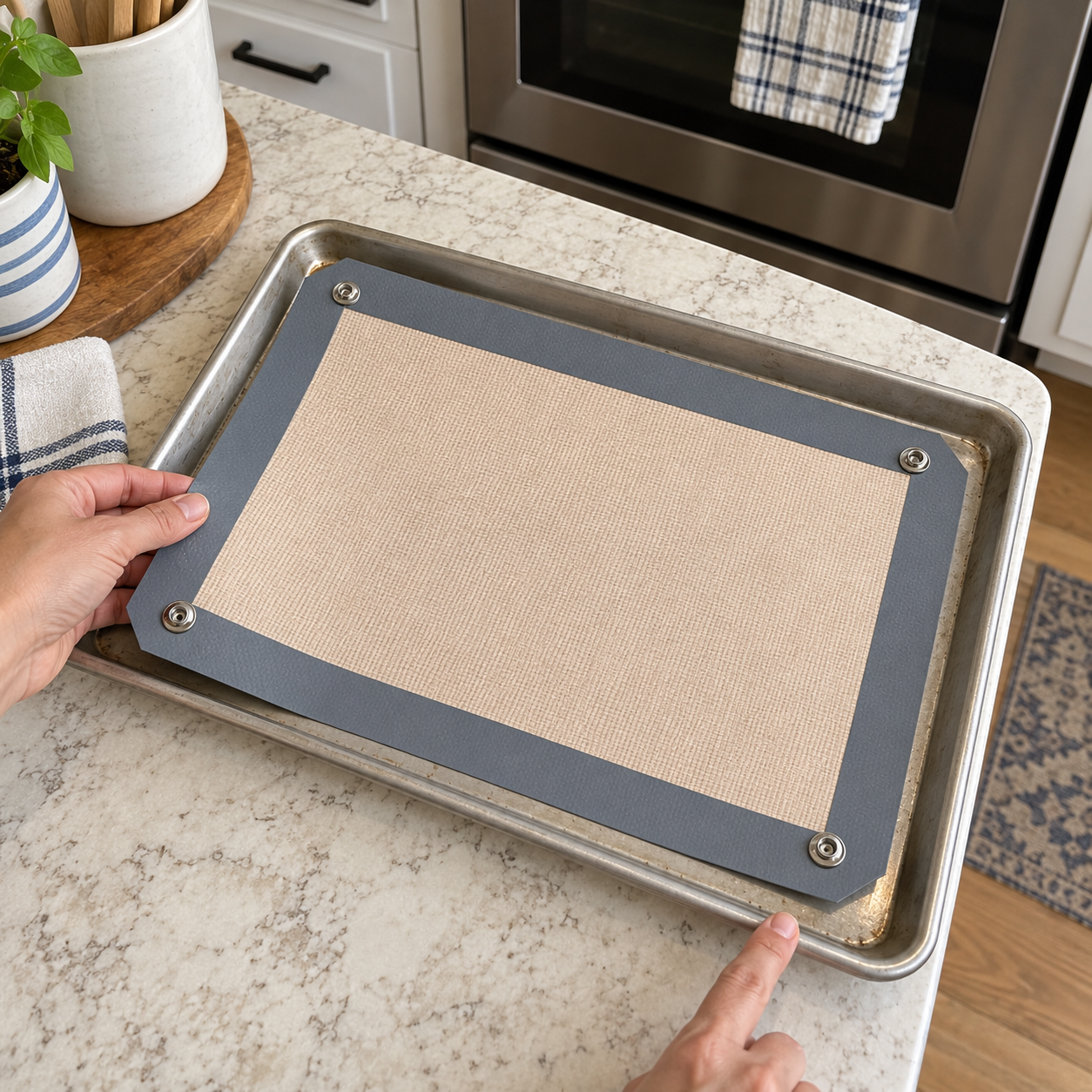 Gray snap-corner baking mat resting fully inside a rimmed metal baking sheet