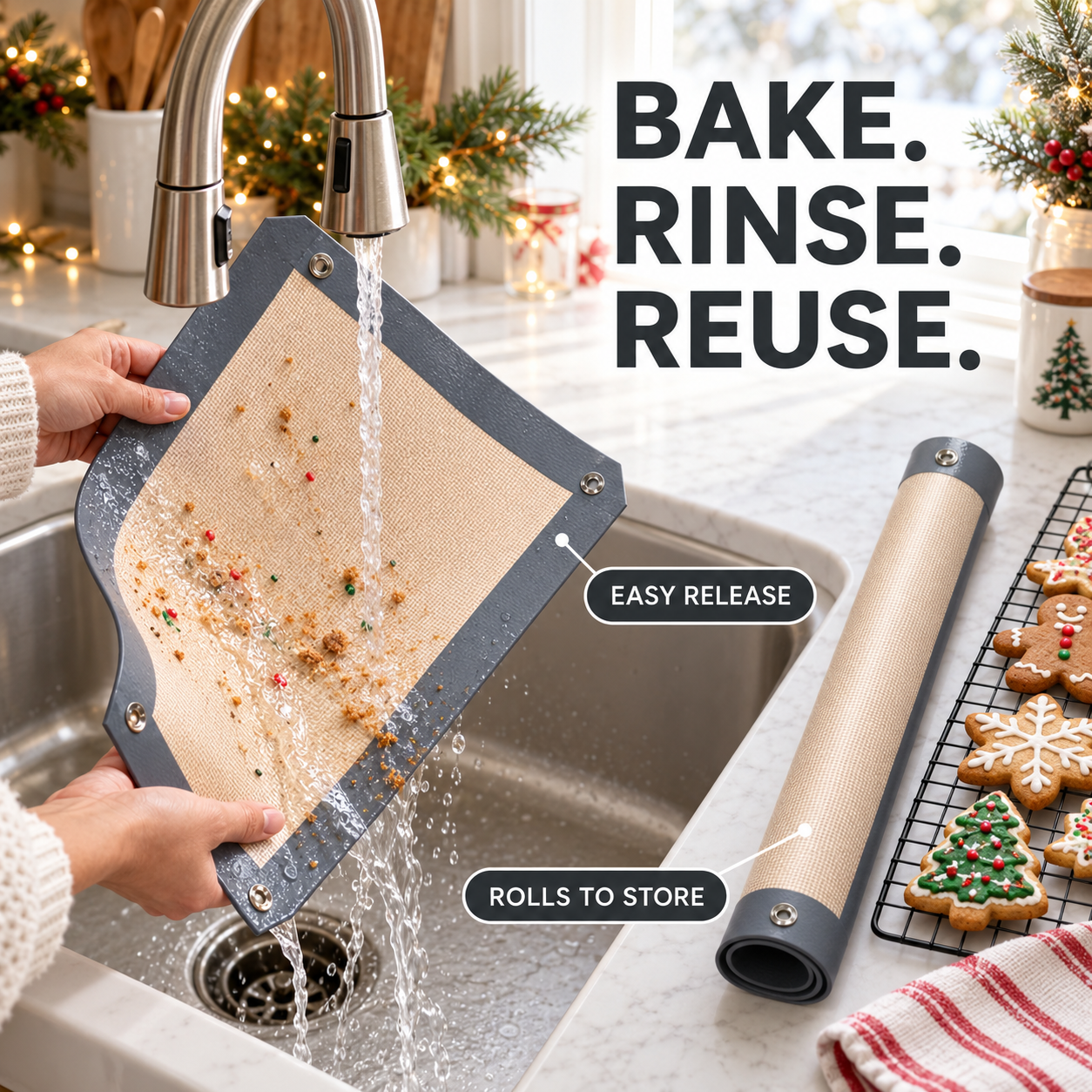 Gray snap-corner nonstick baking mat being rinsed and rolled after Christmas cookie baking