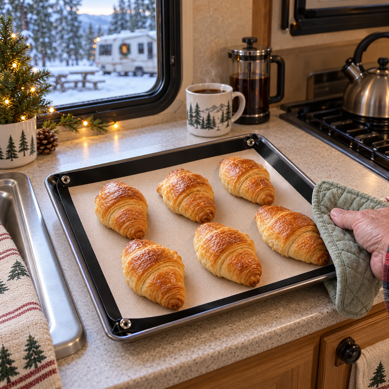 Black baking mat with croissants in a compact winter RV kitchen