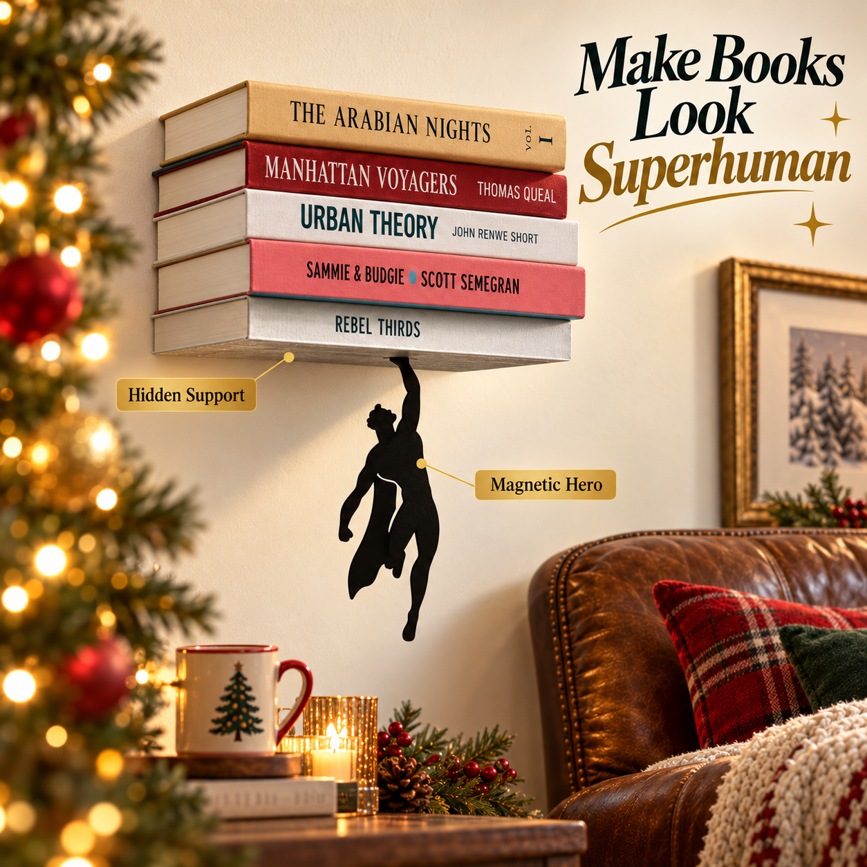 A playful bookshelf in a cozy Christmas reading corner