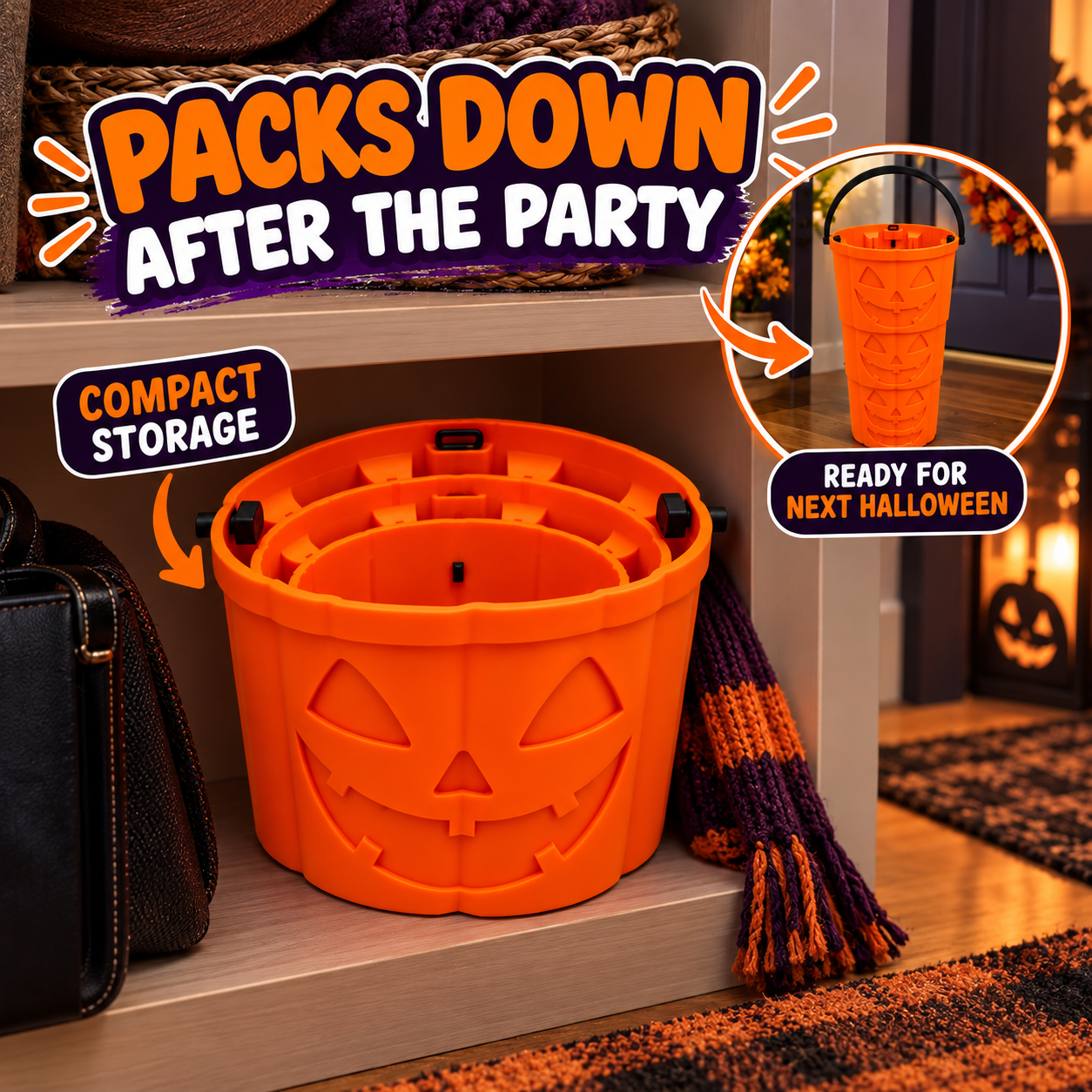 Collapsed orange pumpkin bucket stored neatly in an entryway cubby