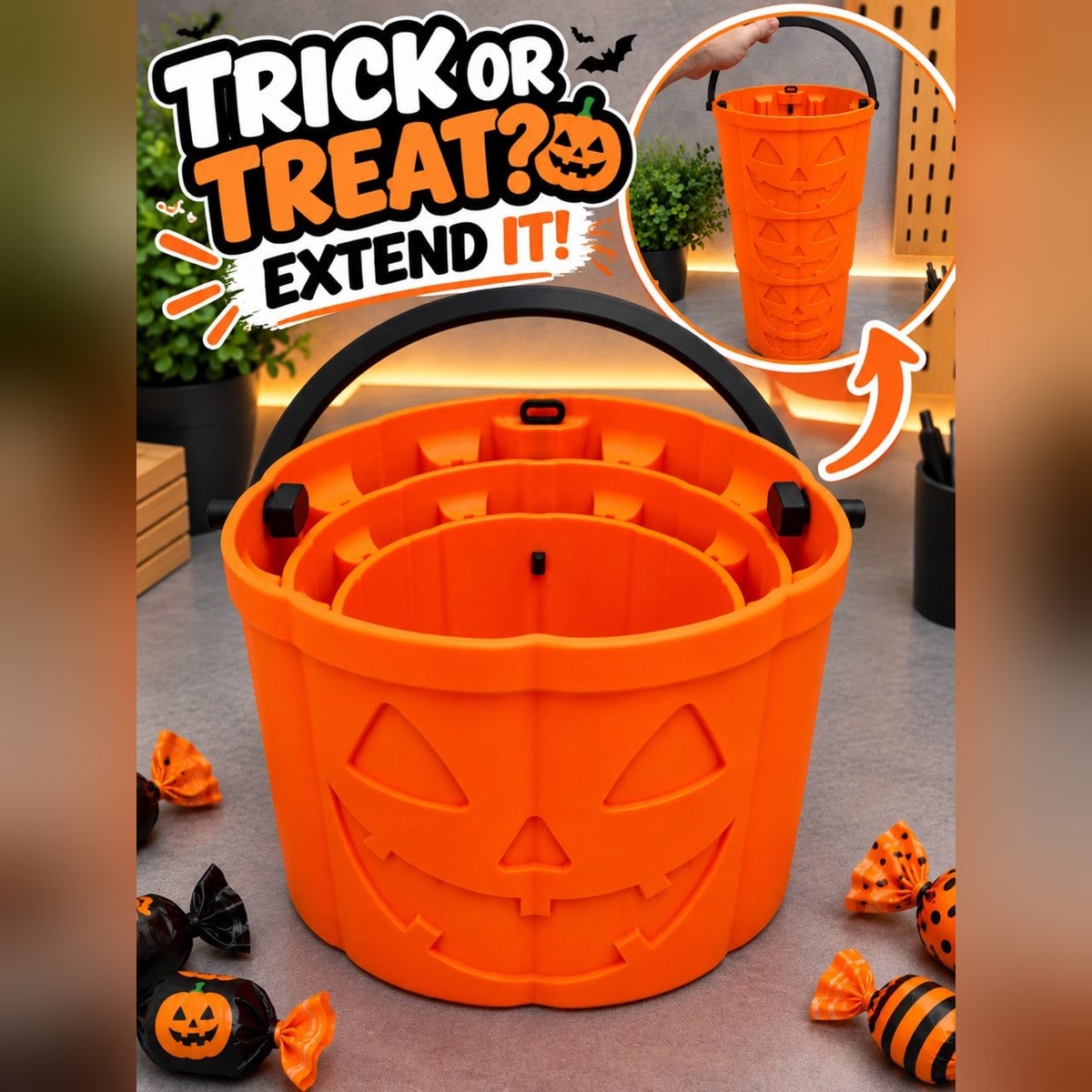 Supplied orange pumpkin bucket shown collapsed and extended