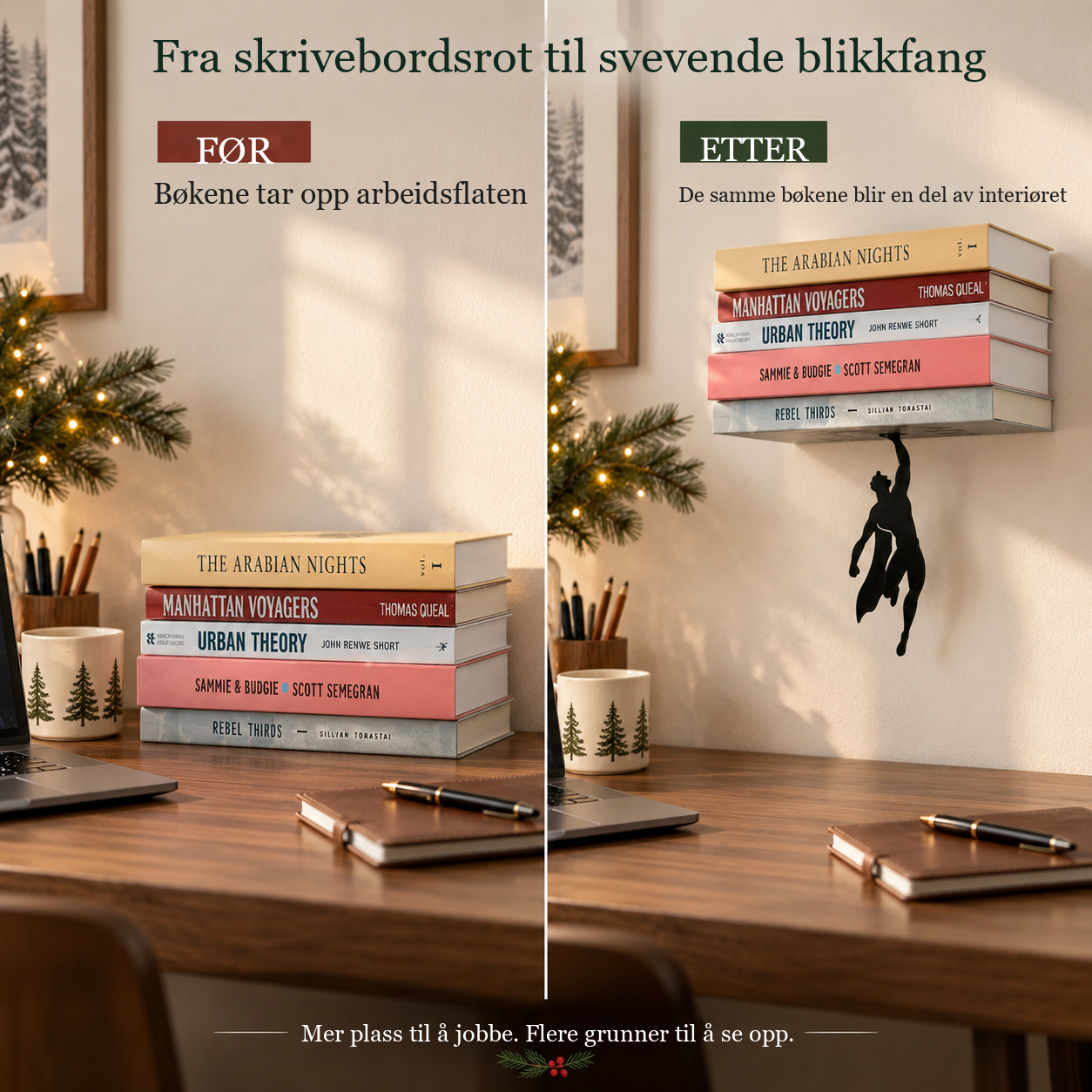 Før- og etterbilde av et rotete skrivebord og svevende veggoppbevaring