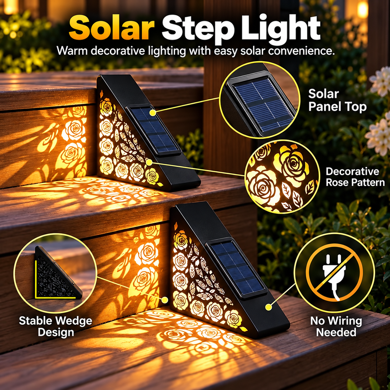 Floral hollow-out solar step light product features