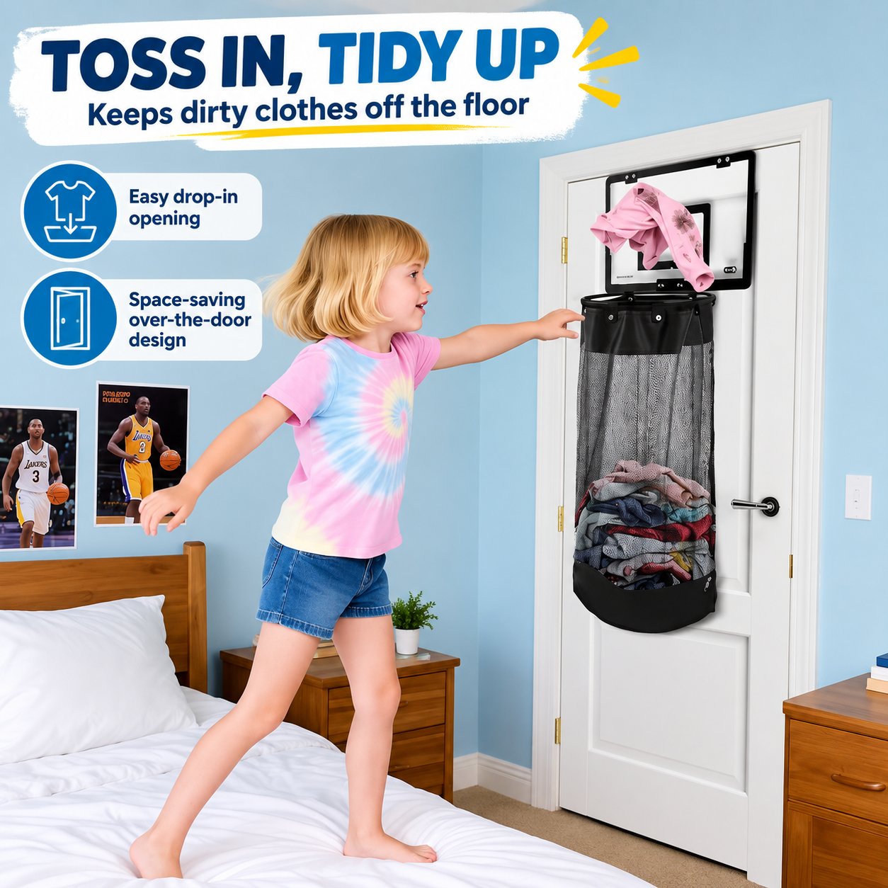 Toss clothes into the over-door laundry hamper