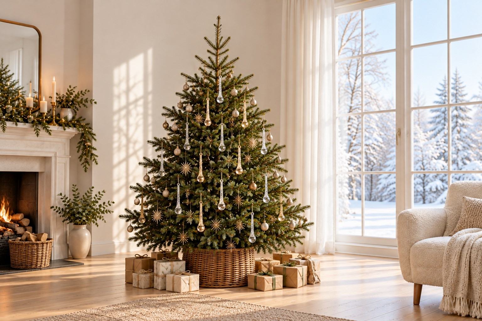 Vollständiger Weihnachtsbaum mit Glas-Eiszapfen am hellen Fenster