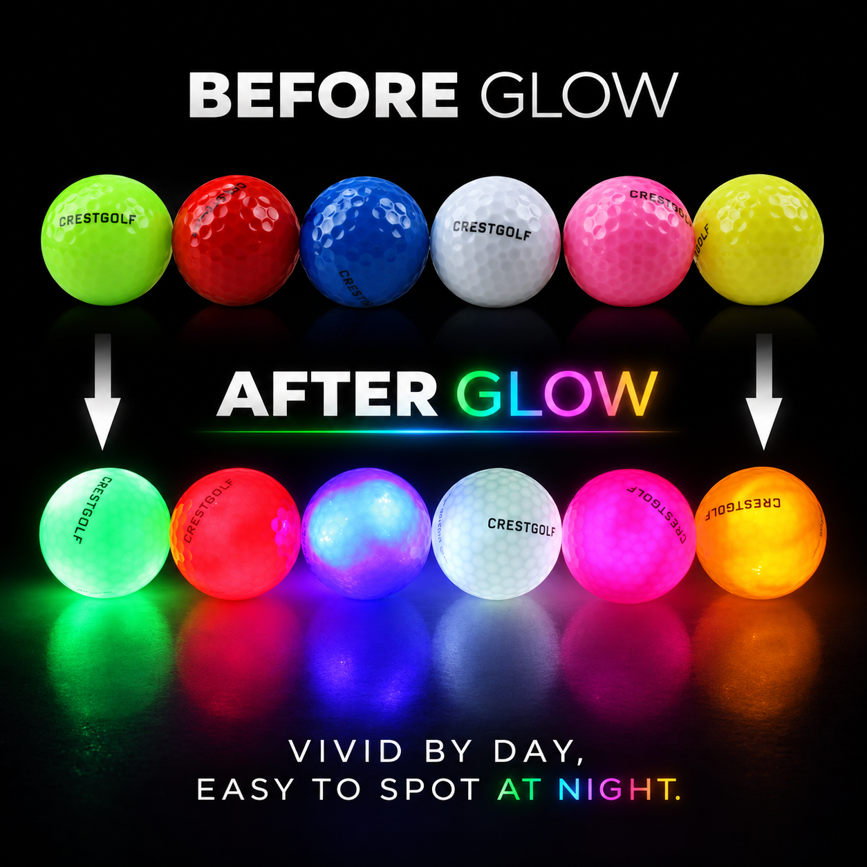 LED golf balls before and after activation