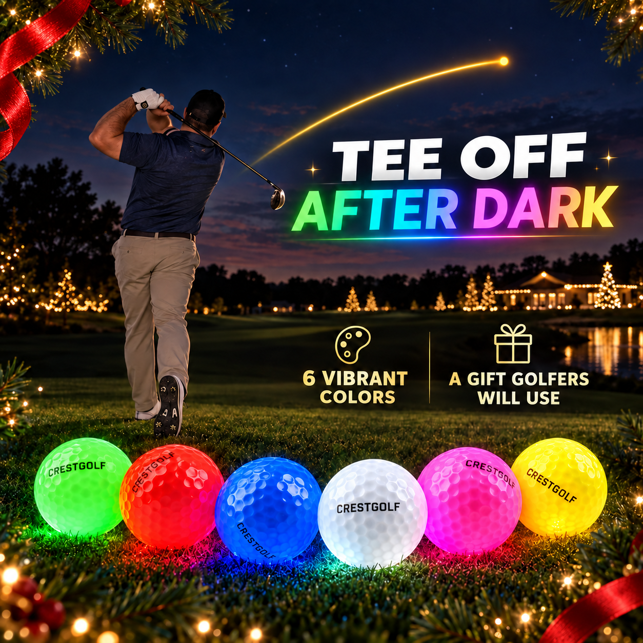Night golf action hero with a single-color golden flight trail