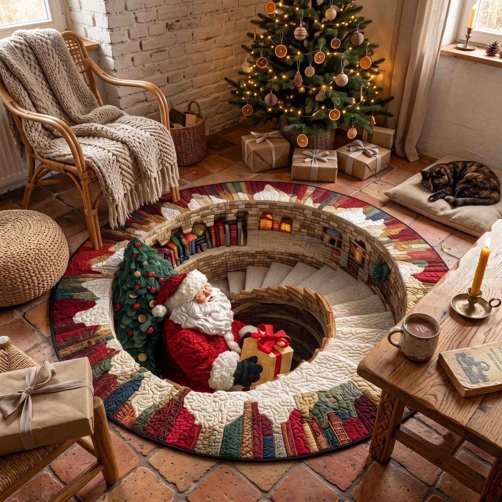 Runder Teppich mit 3D-Weihnachtsmann-Wendeltreppe – optische Weihnachtsillusion – Produktabbildung