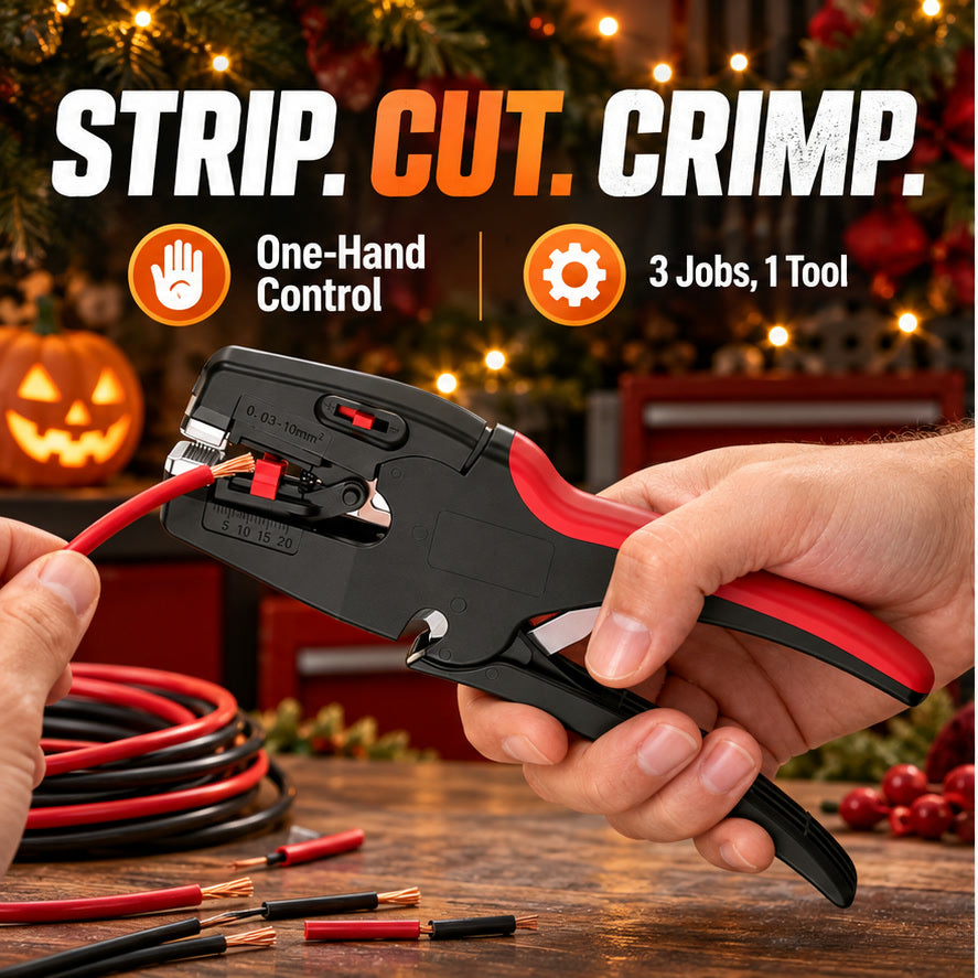 Black and red automatic wire stripper used in a festive workshop