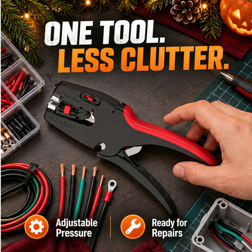 Black and red automatic wire stripper on an organized festive workbench