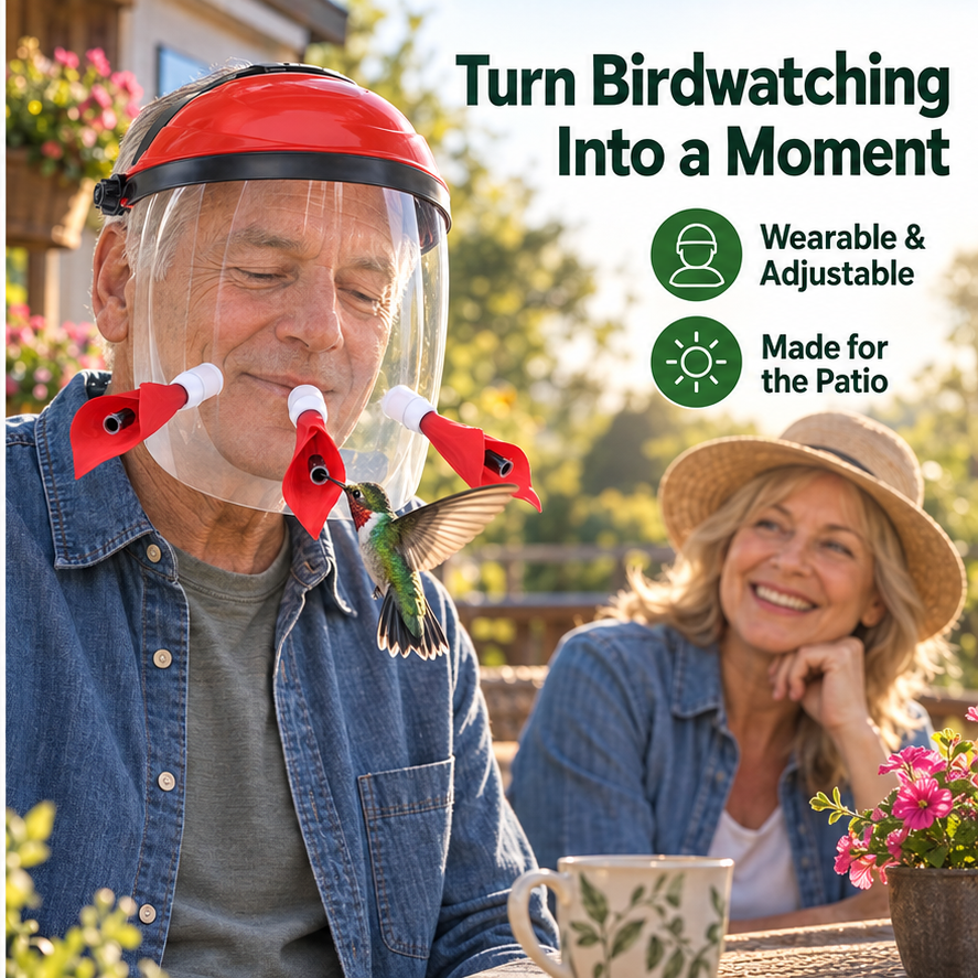 Older couple enjoying close-up hummingbird watching on a patio
