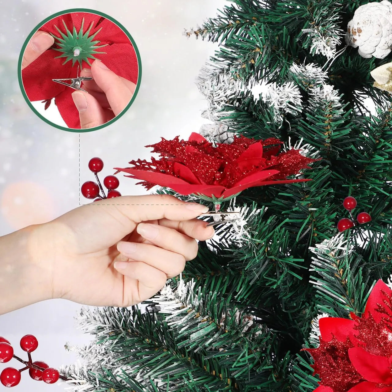 10-Piece Red Glitter Poinsettia Clip Set for Christmas Decorating