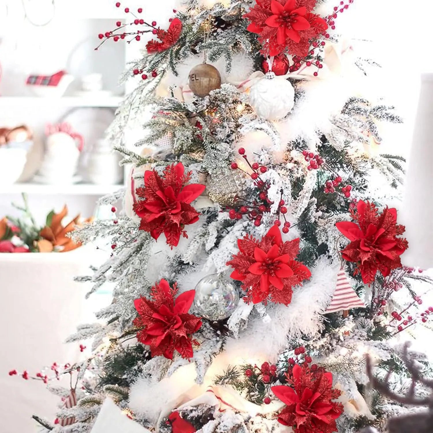 10-Piece Red Glitter Poinsettia Clip Set for Christmas Decorating