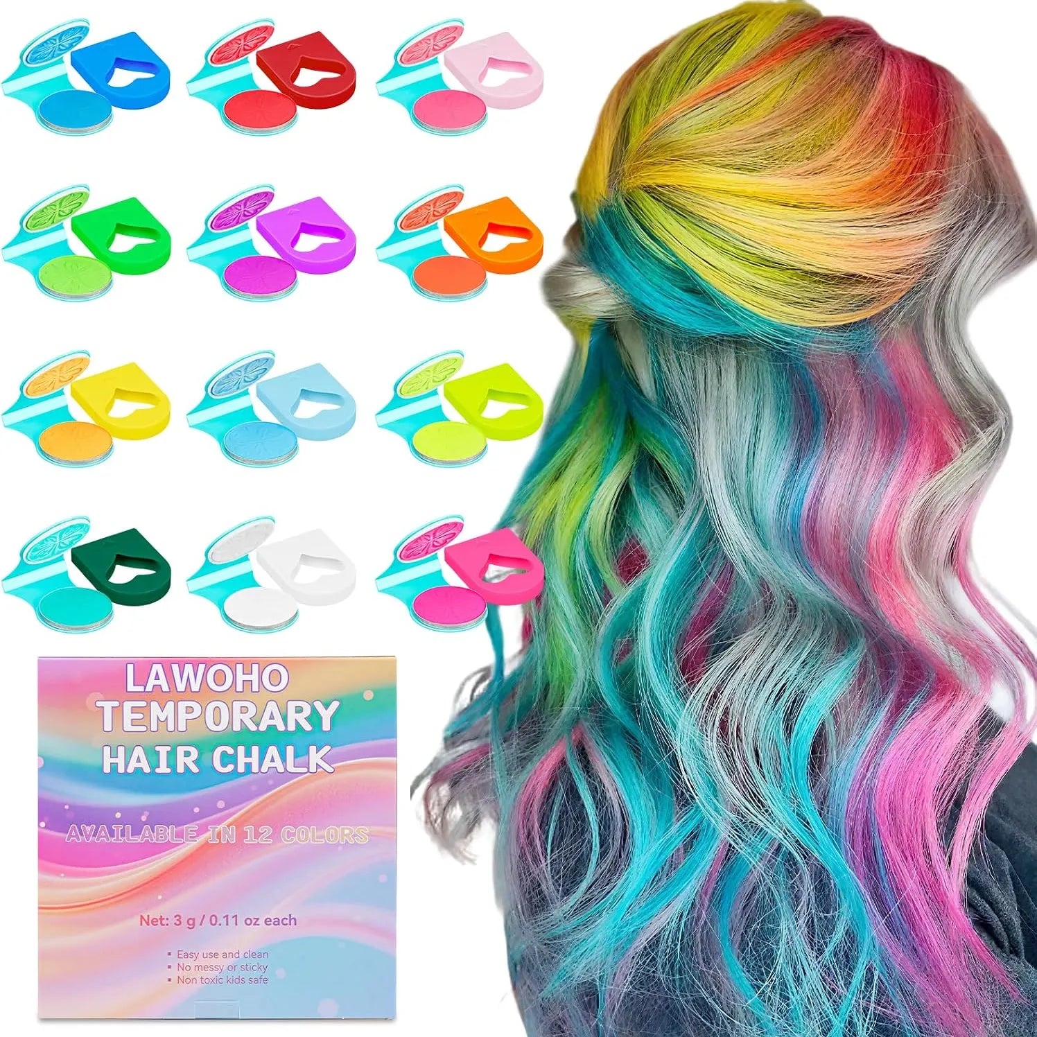 Twelve-color temporary hair chalk assortment and package