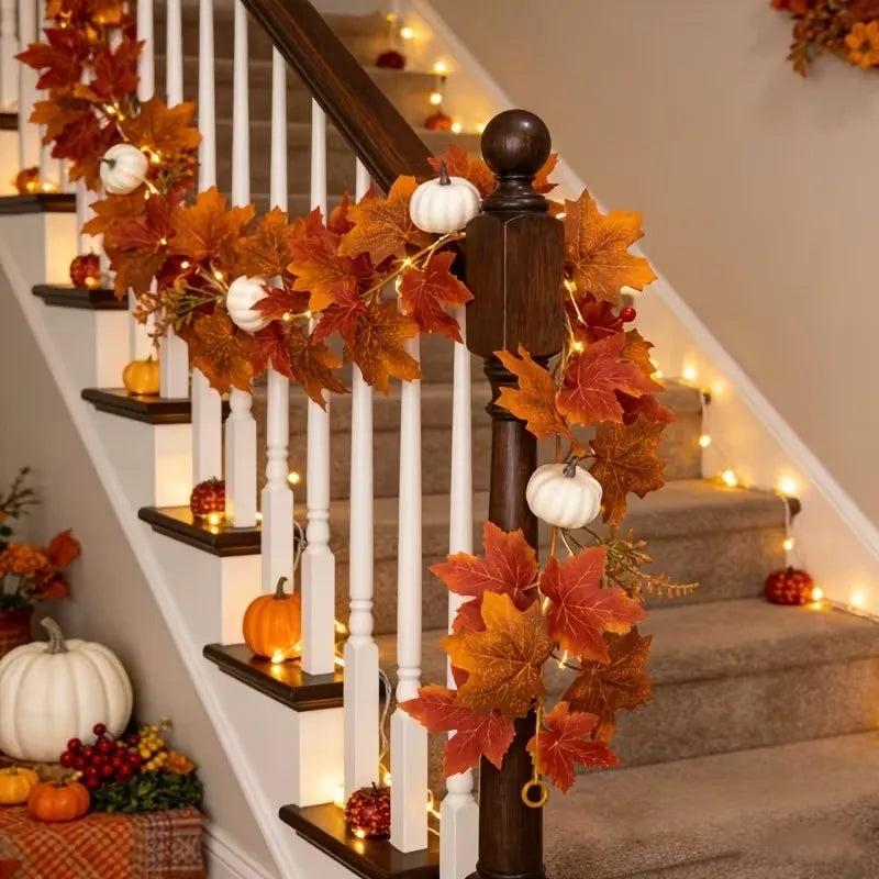 6.6 FT Artificial Fall Maple Leaf Garland with White Pumpkins