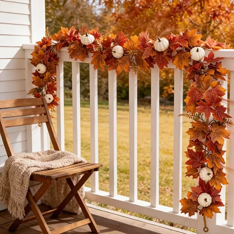 6.6 FT Artificial Fall Maple Leaf Garland with White Pumpkins