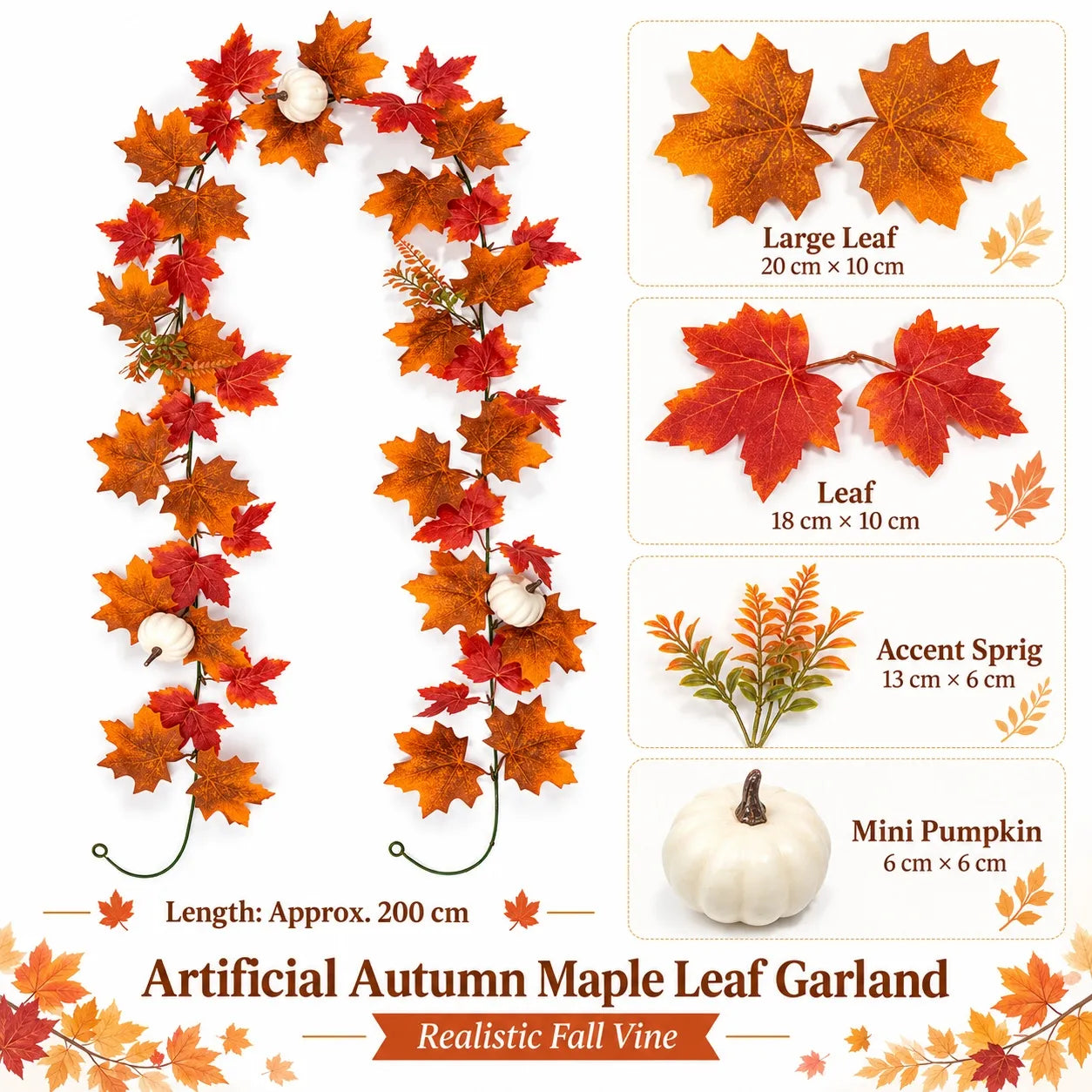 6.6 FT Artificial Fall Maple Leaf Garland with White Pumpkins