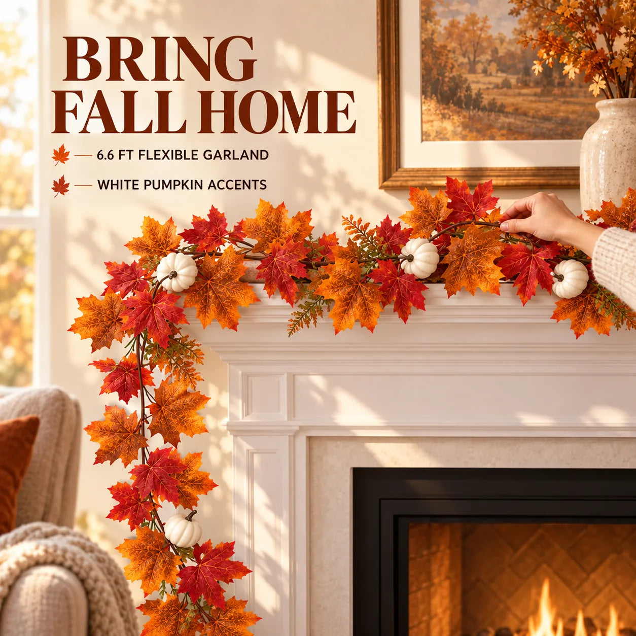 6.6 FT Artificial Fall Maple Leaf Garland with White Pumpkins
