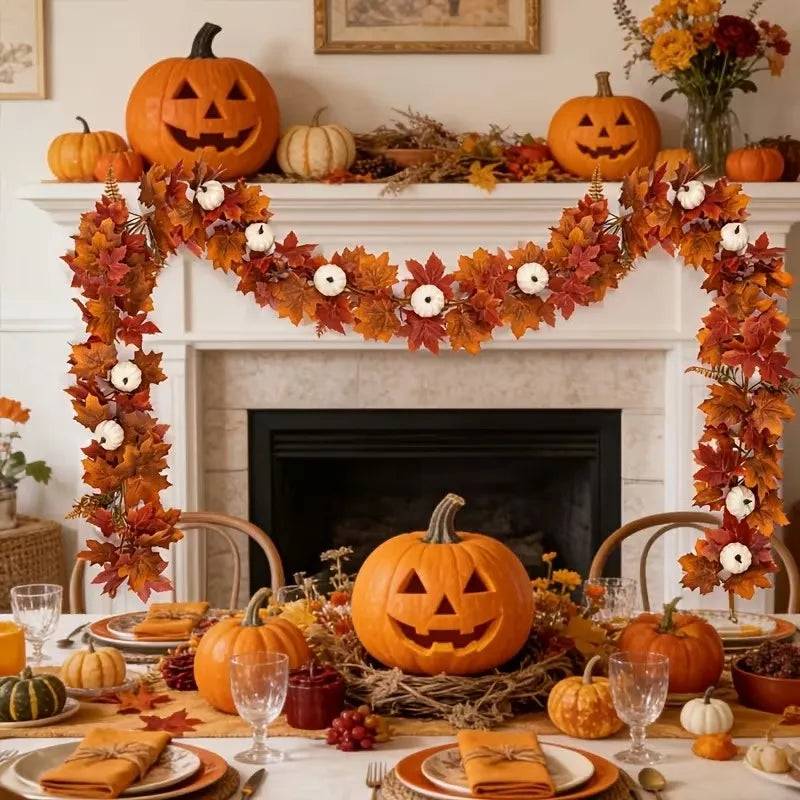 6.6 FT Artificial Fall Maple Leaf Garland with White Pumpkins
