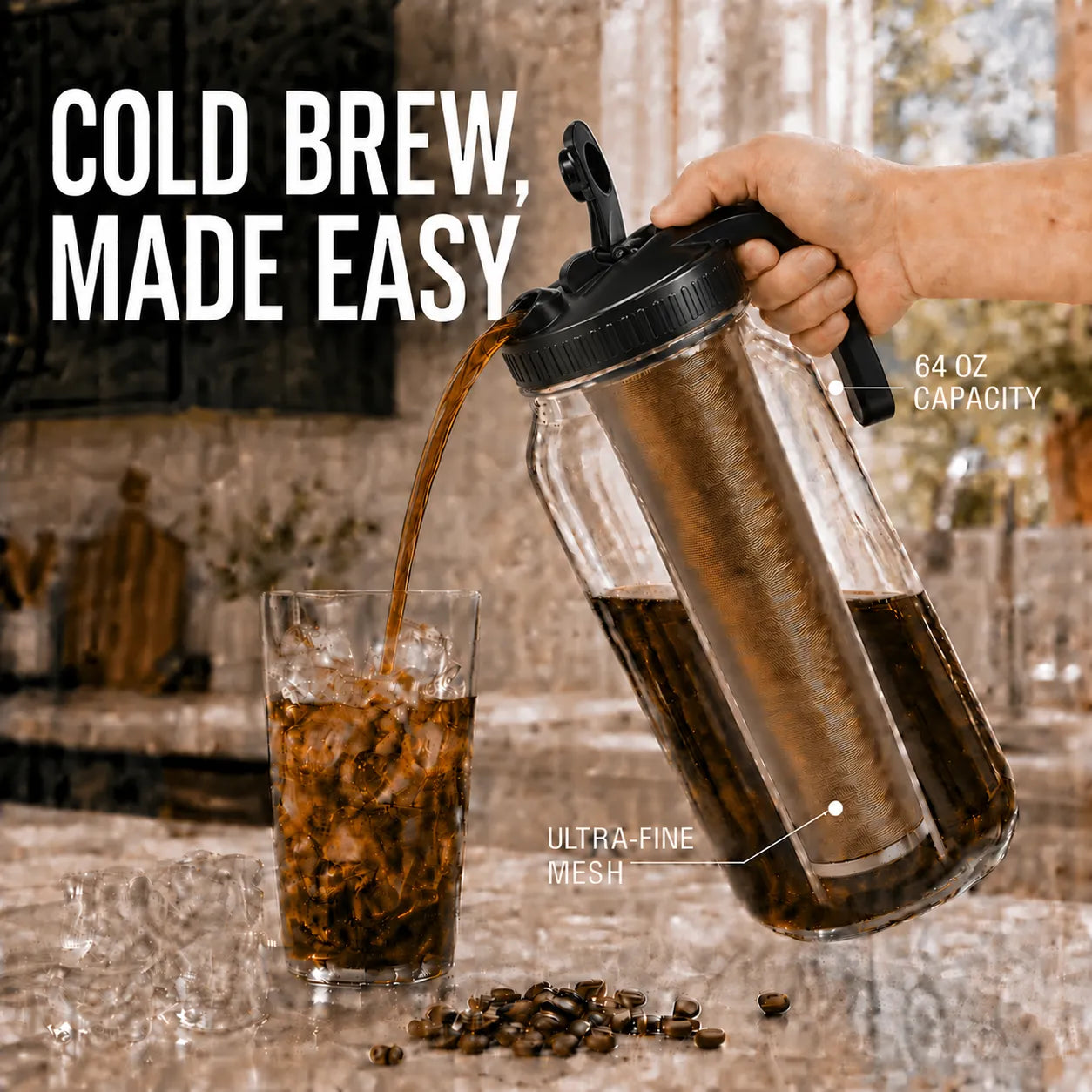 64 oz Cold Brew Mason Jar Pitcher with Stainless Steel Infuser