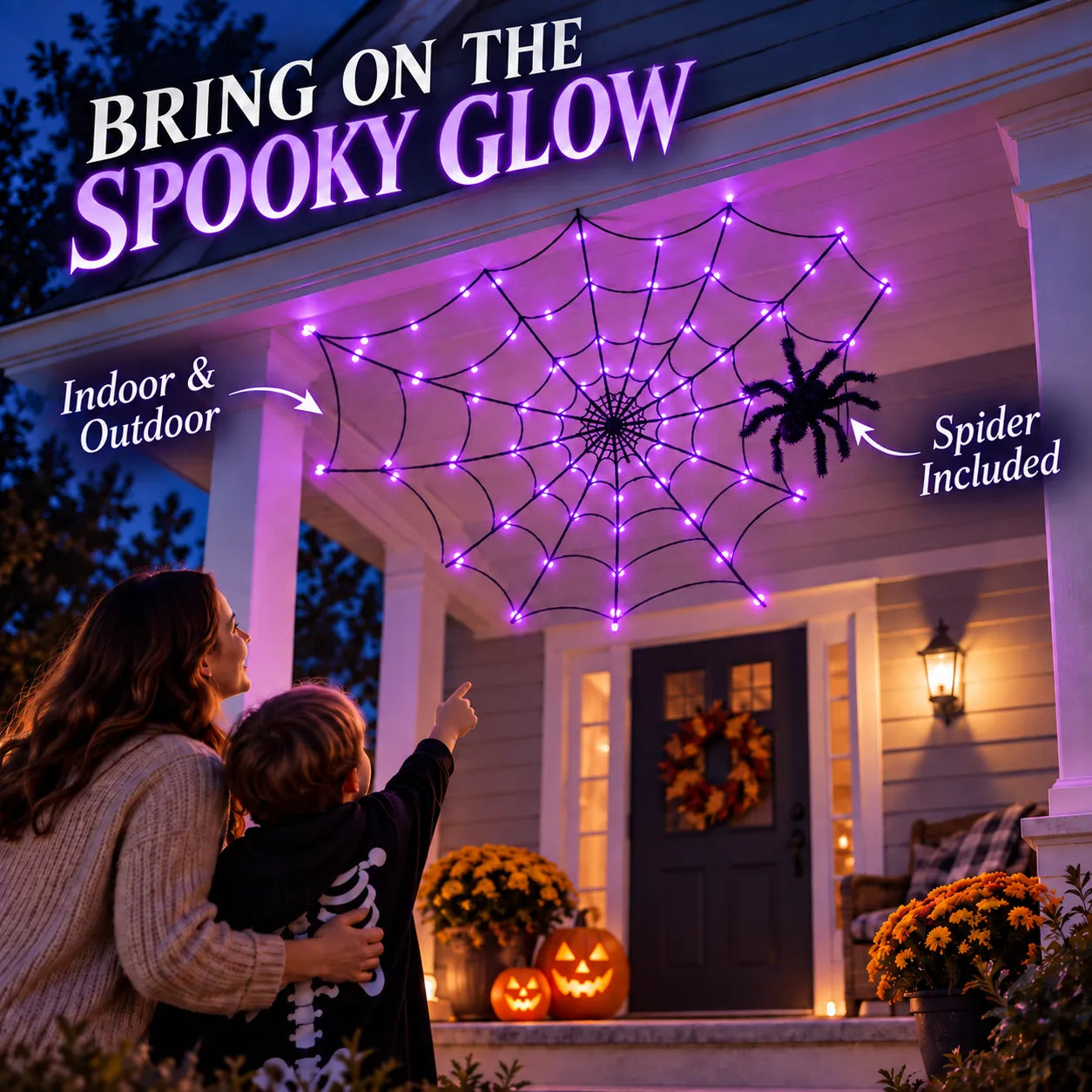 70-LED Halloween Spider Web Lights with Spider
