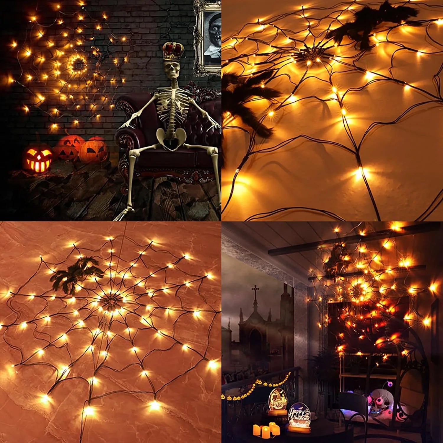 70-LED Halloween Spider Web Lights with Spider