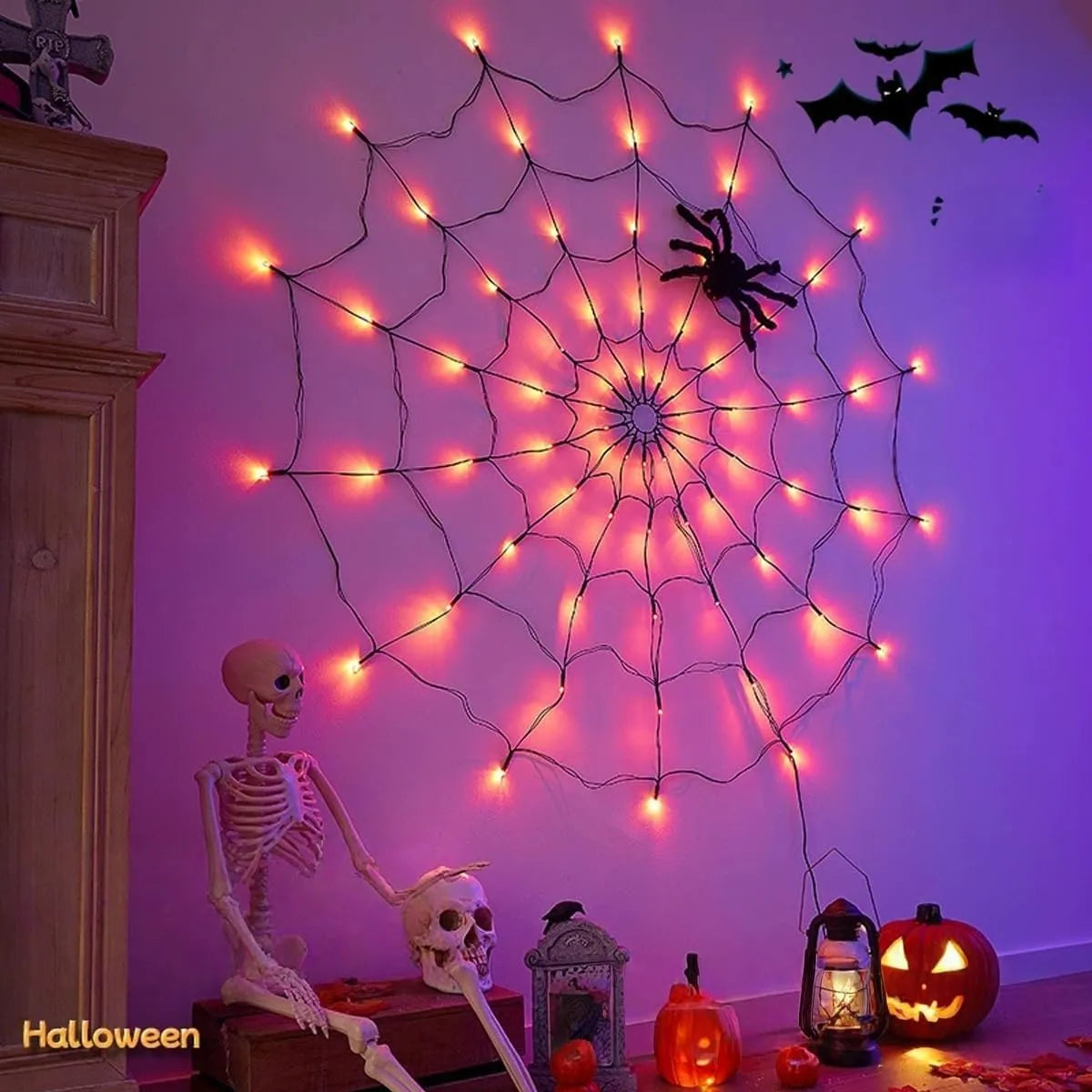 70-LED Halloween Spider Web Lights with Spider