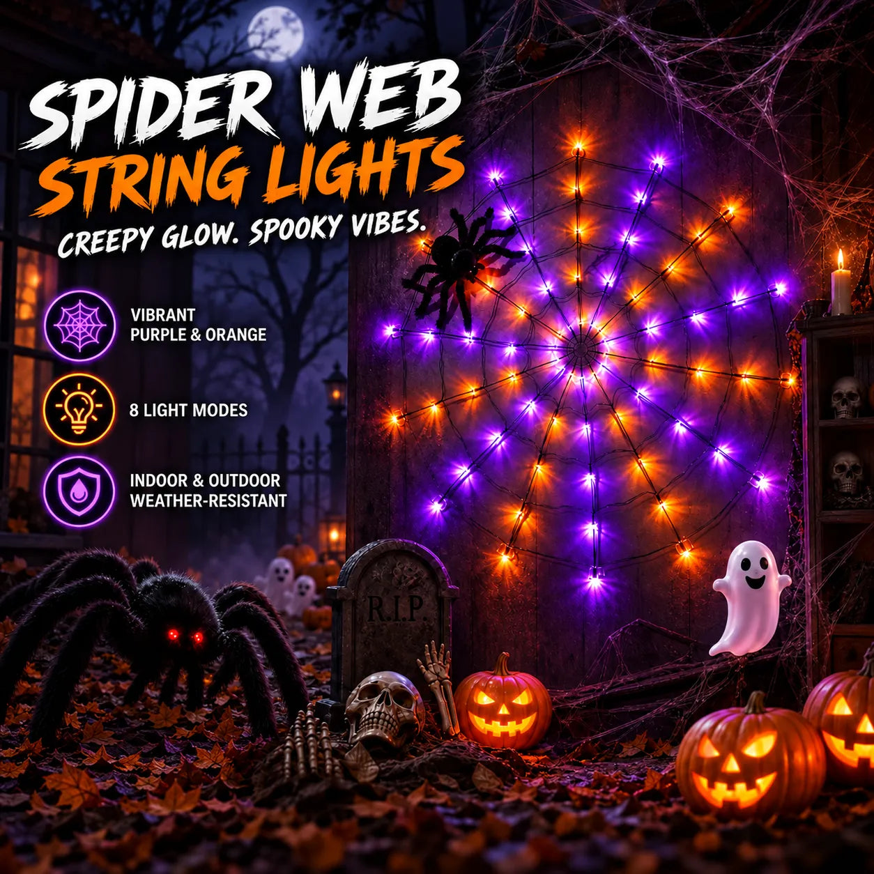70-LED Halloween Spider Web Lights with Spider