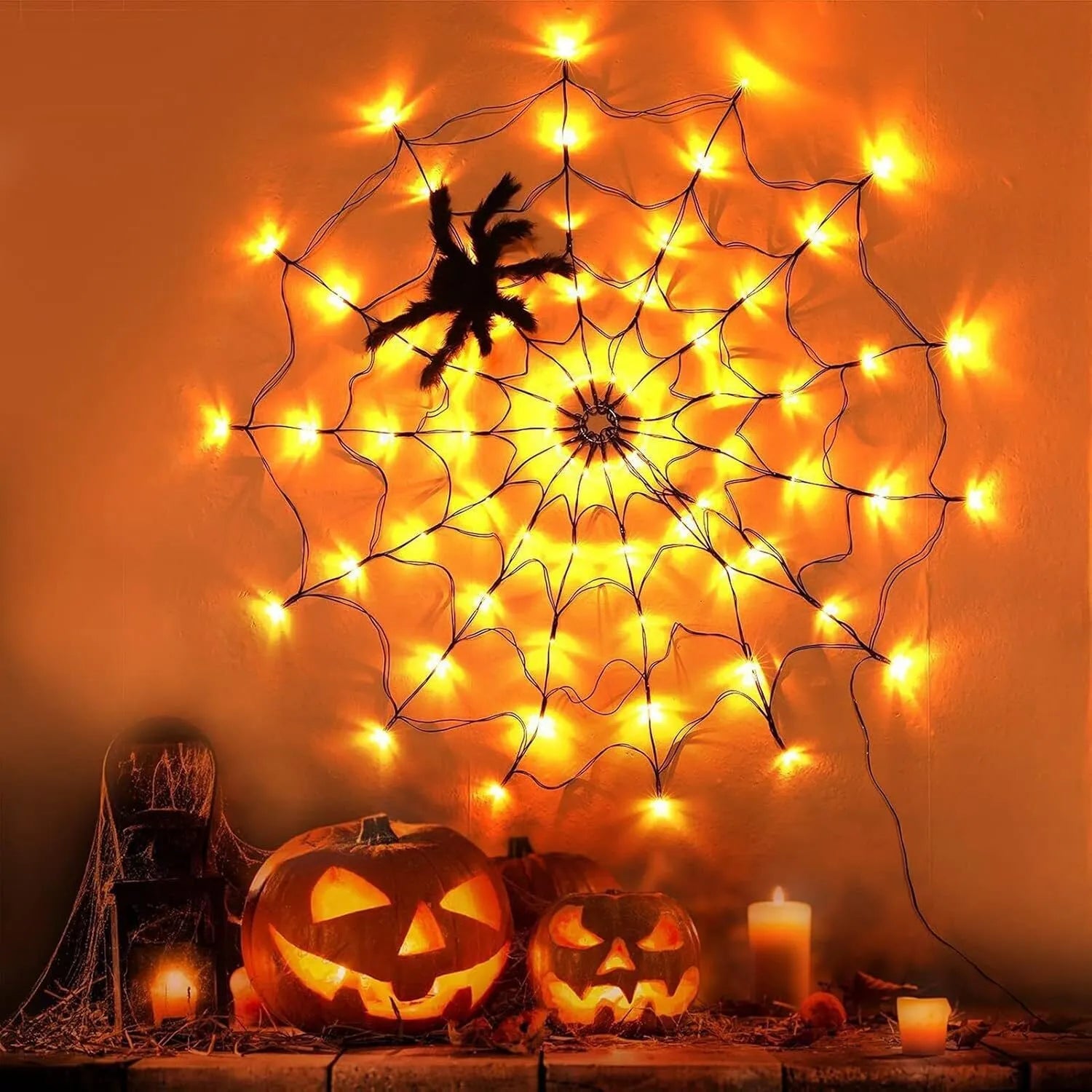 70-LED Halloween Spider Web Lights with Spider