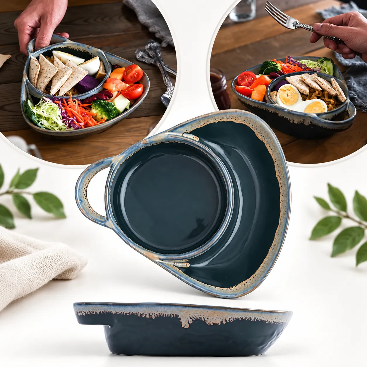 Ceramic Divided Soup & Sandwich Bowl with Handle