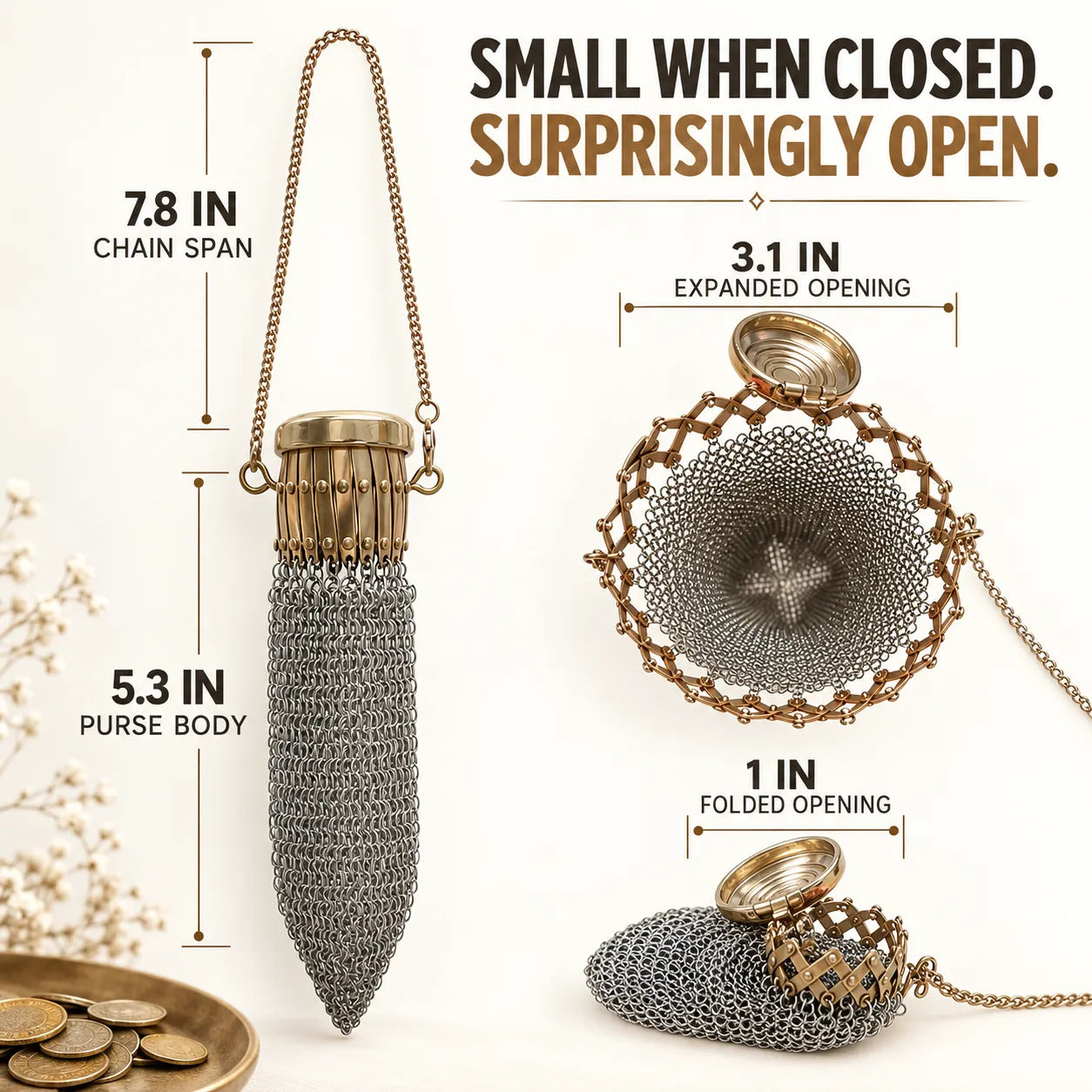 Expandable 1920s-Inspired Chain-Mesh Coin Purse