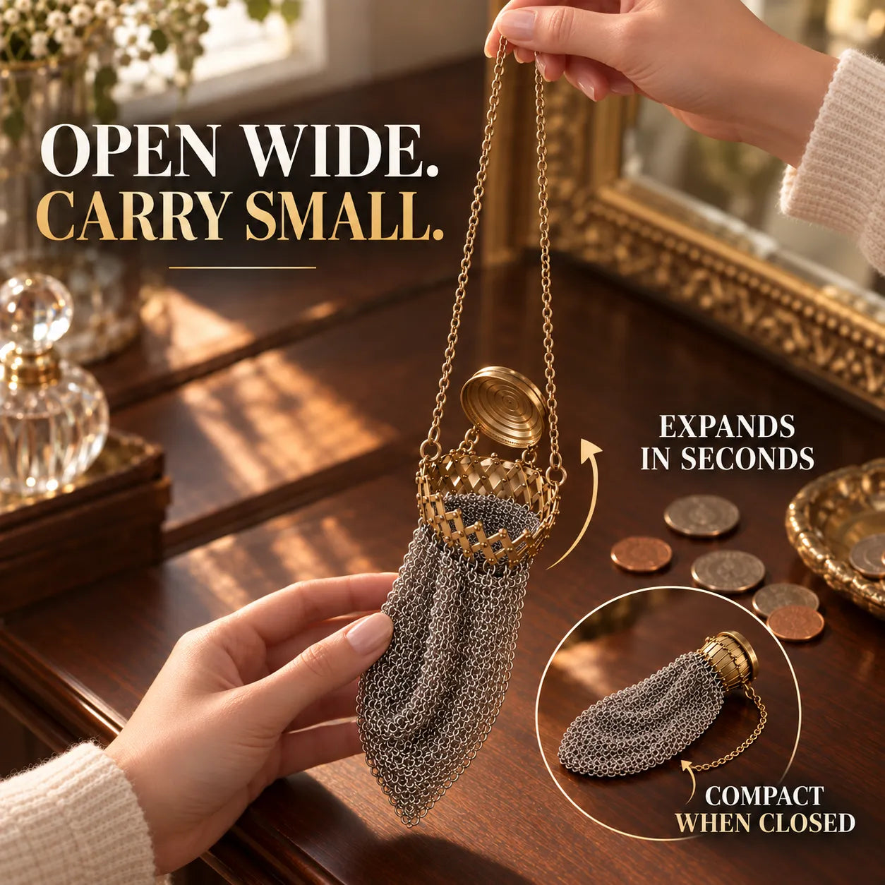 Expandable 1920s-Inspired Chain-Mesh Coin Purse