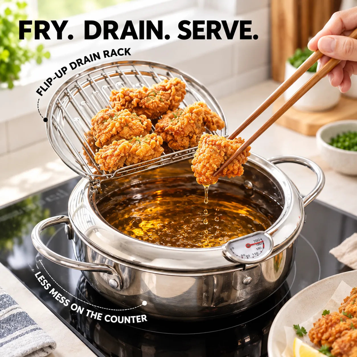 Japanese-Style Stainless Steel Deep Fryer Pot with Thermometer & Drain Rack