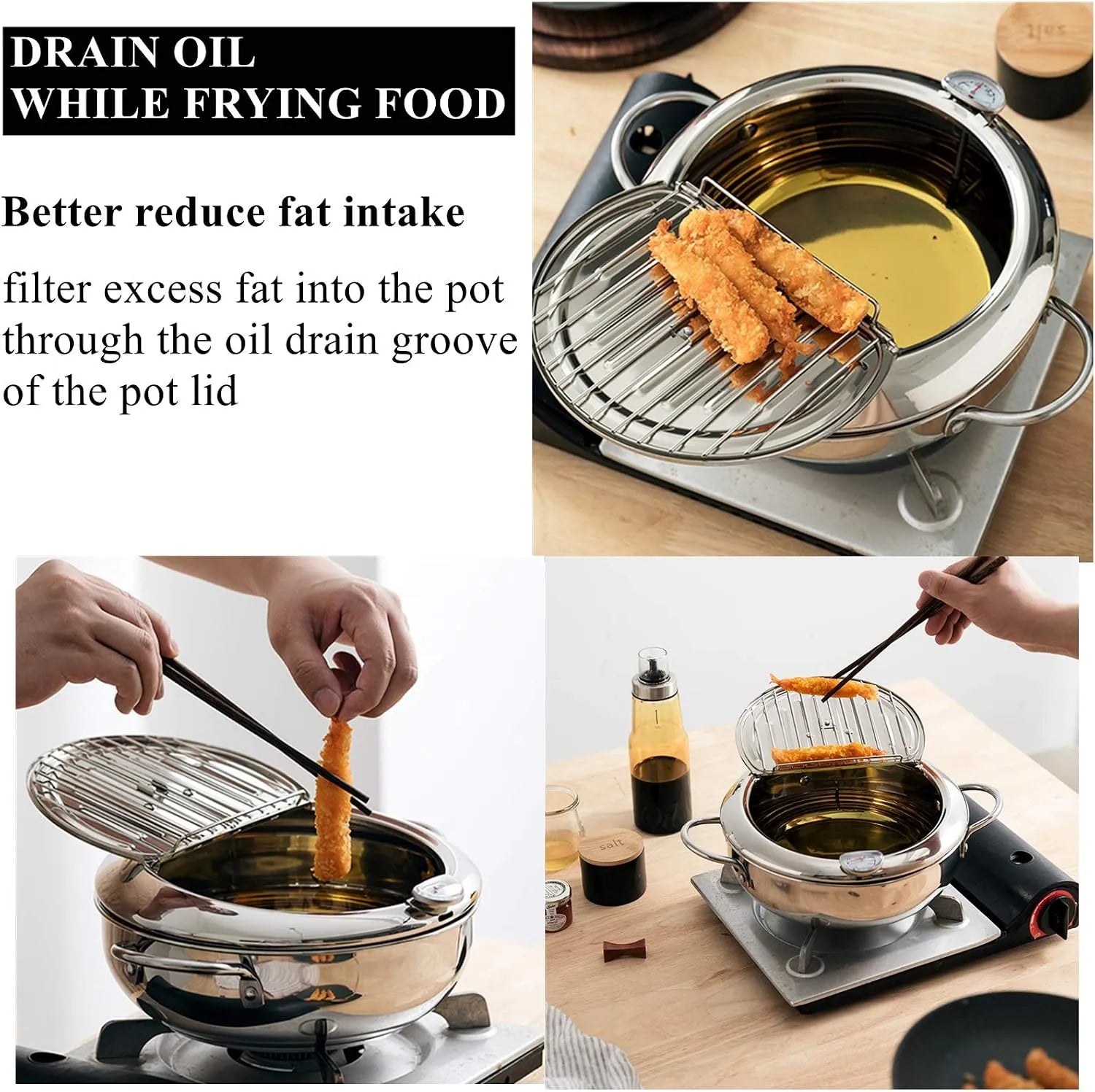 Japanese-Style Stainless Steel Deep Fryer Pot with Thermometer & Drain Rack