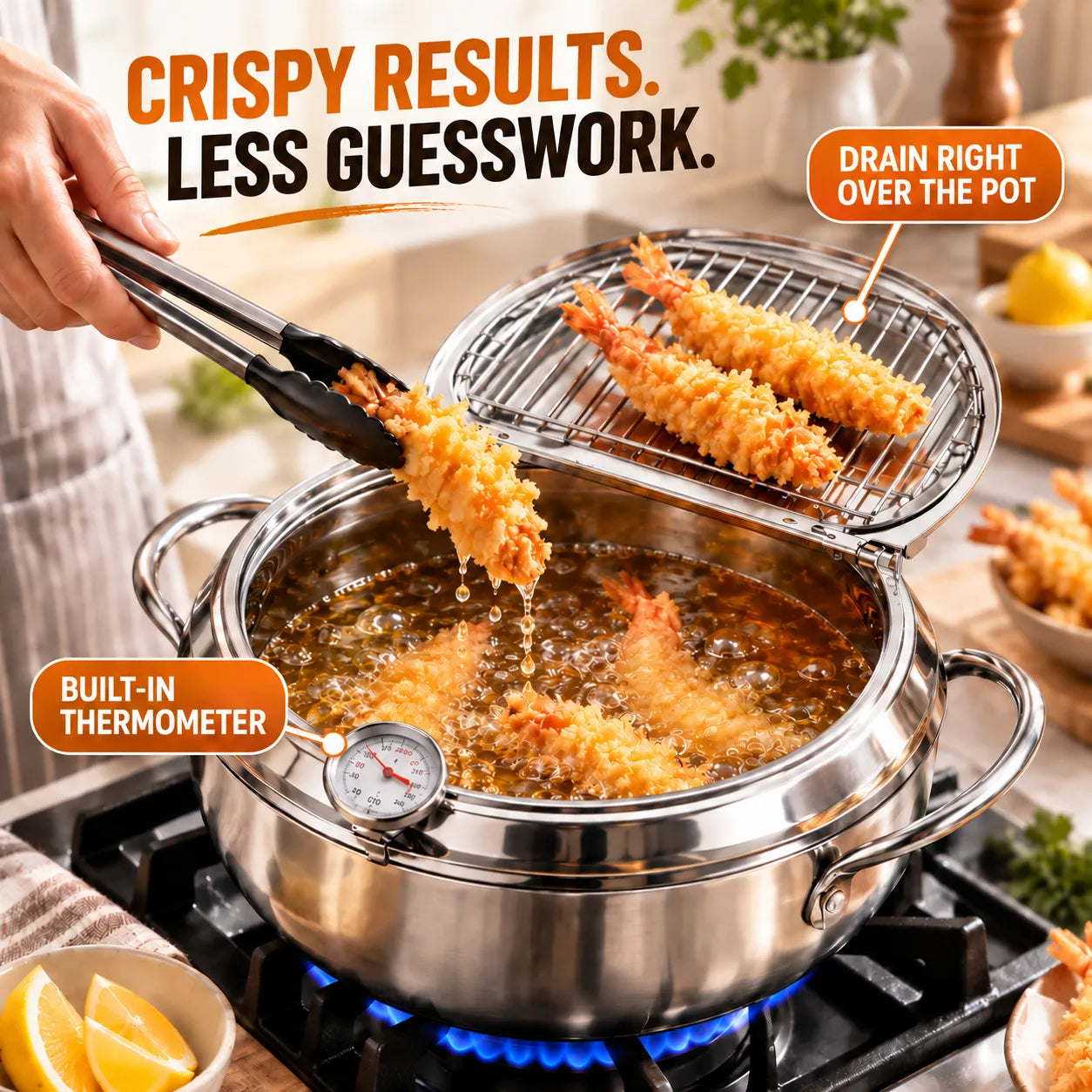 Japanese-Style Stainless Steel Deep Fryer Pot with Thermometer & Drain Rack