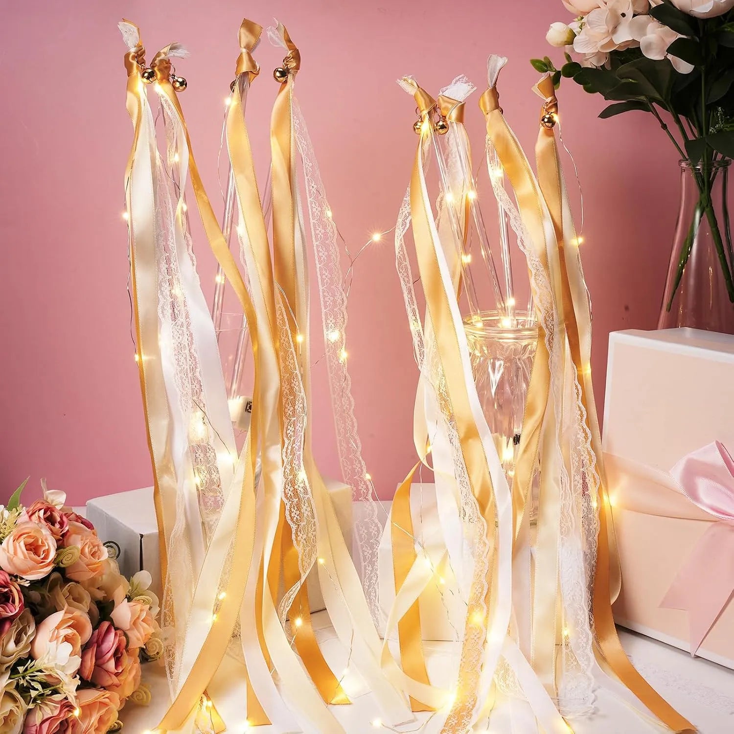 Light-Up Ribbon Fairy Wands with Warm White LEDs & Bells
