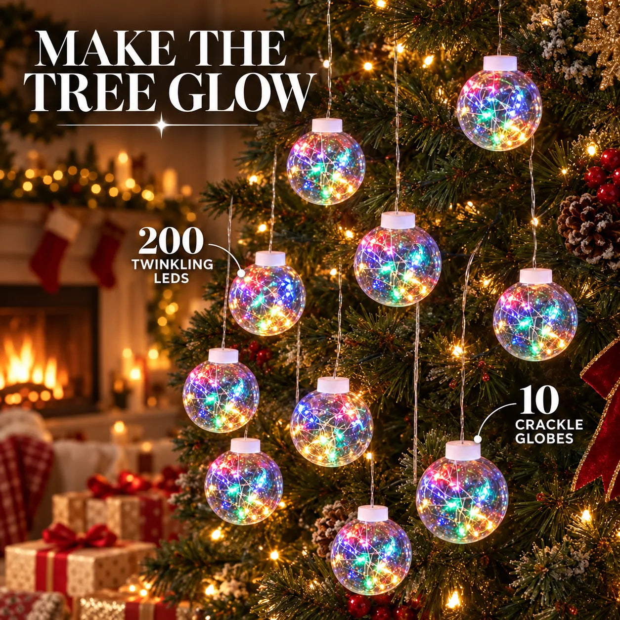 Multicolor Crackle Globe Curtain Lights – 200 LEDs, 10 Globes