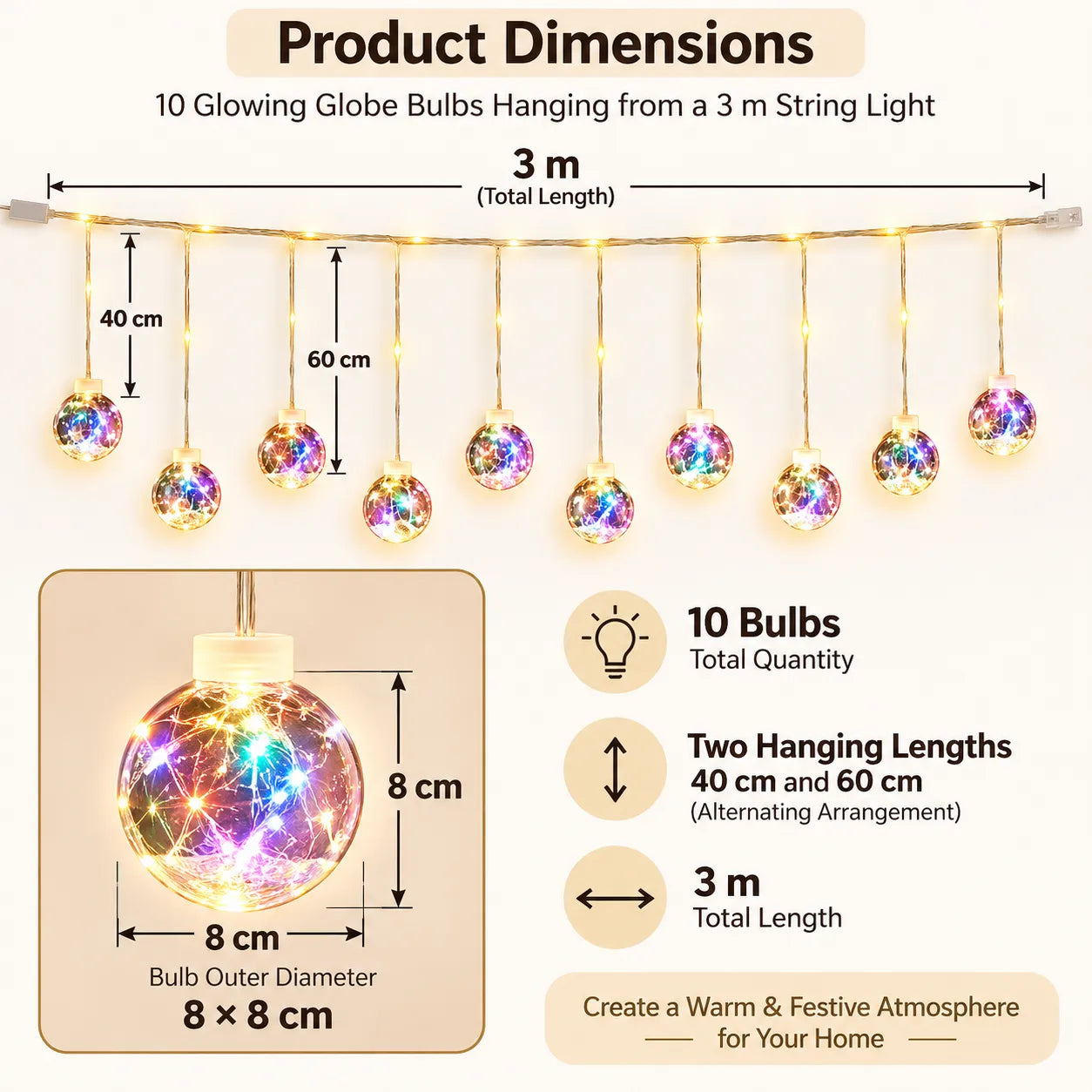 Multicolor Crackle Globe Curtain Lights – 200 LEDs, 10 Globes