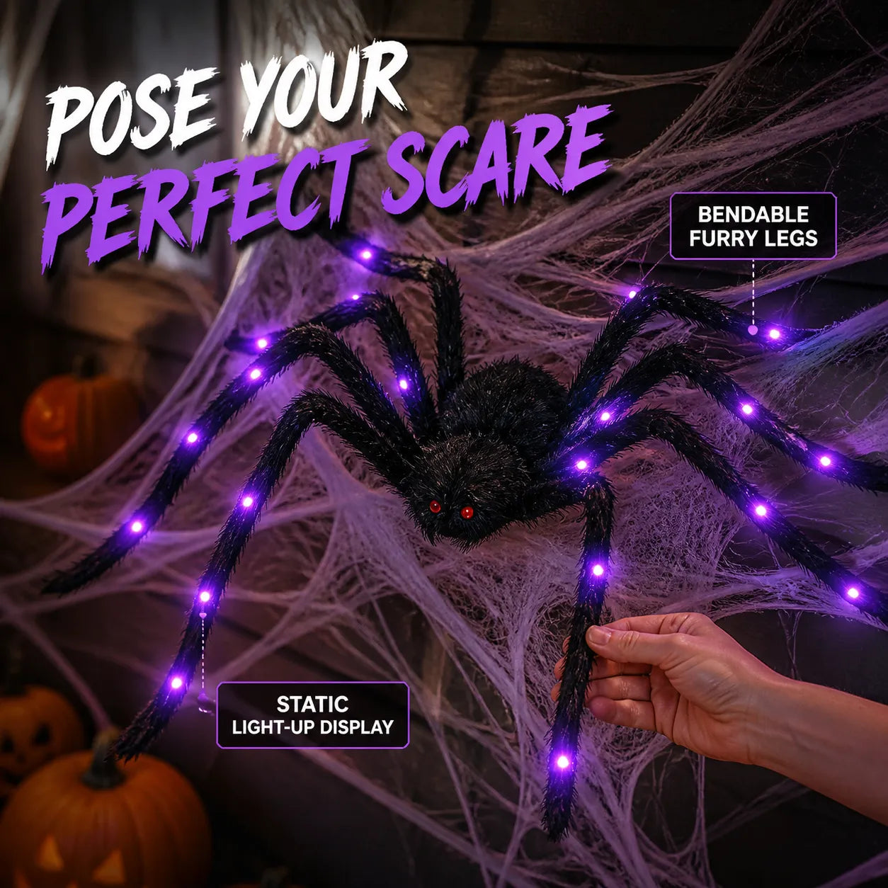 Hand shaping the bendable leg of a purple light-up furry spider