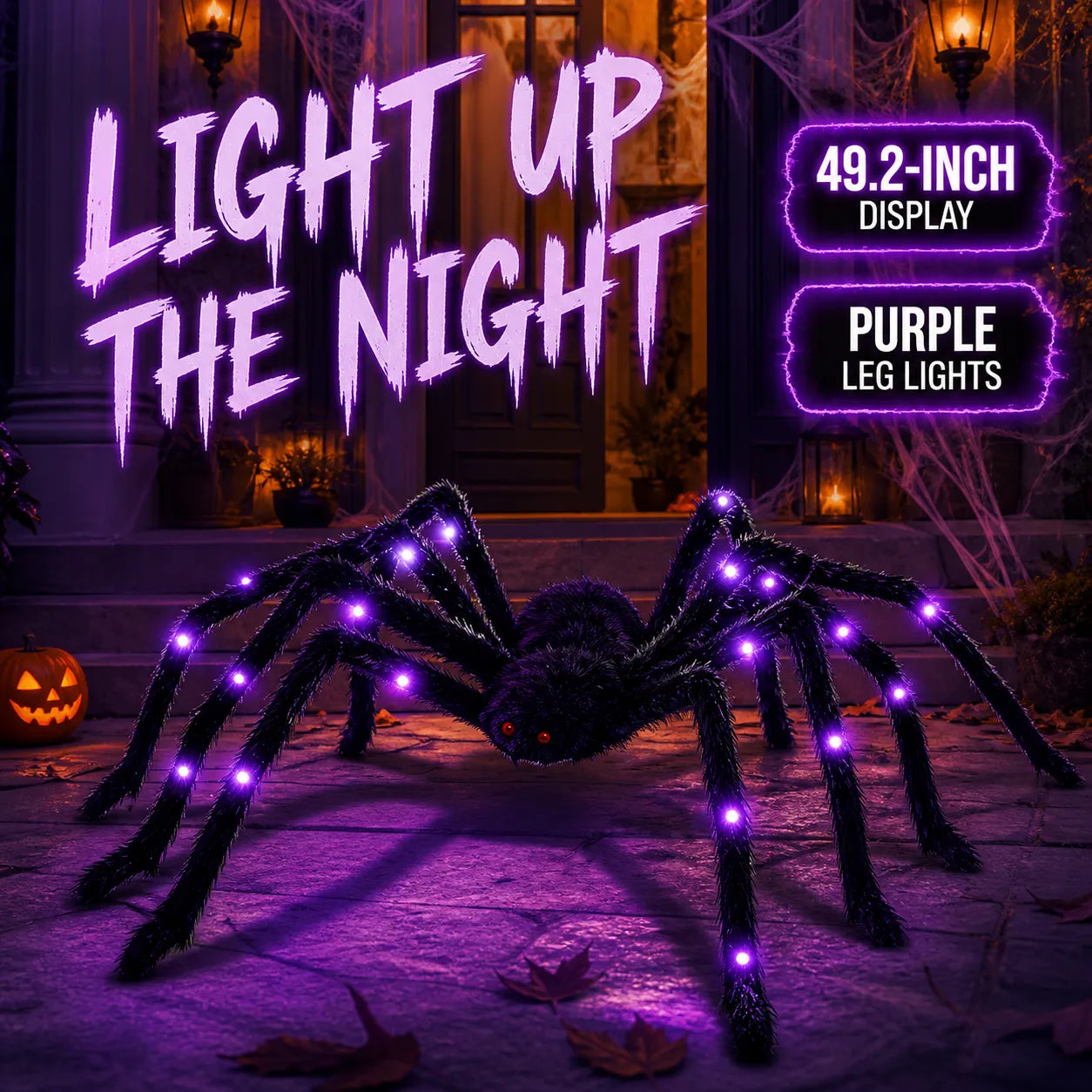 Purple light-up furry Halloween spider on a decorated porch