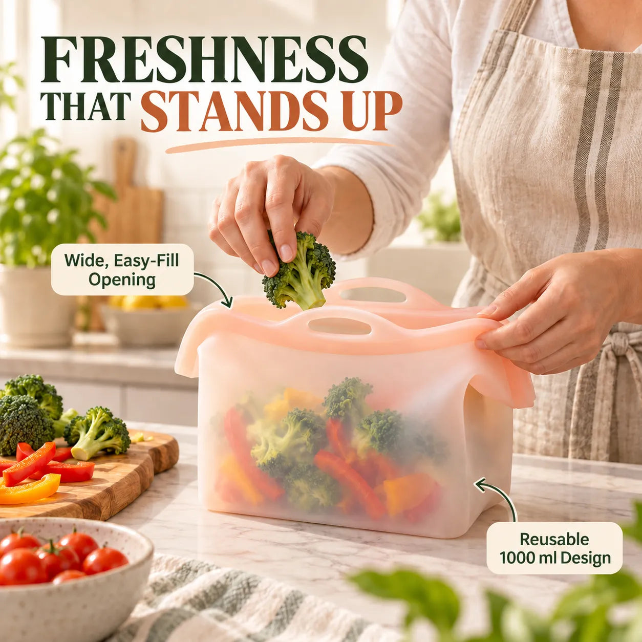 Stand-Up Reusable Silicone Food Storage Bag – 1000 ml