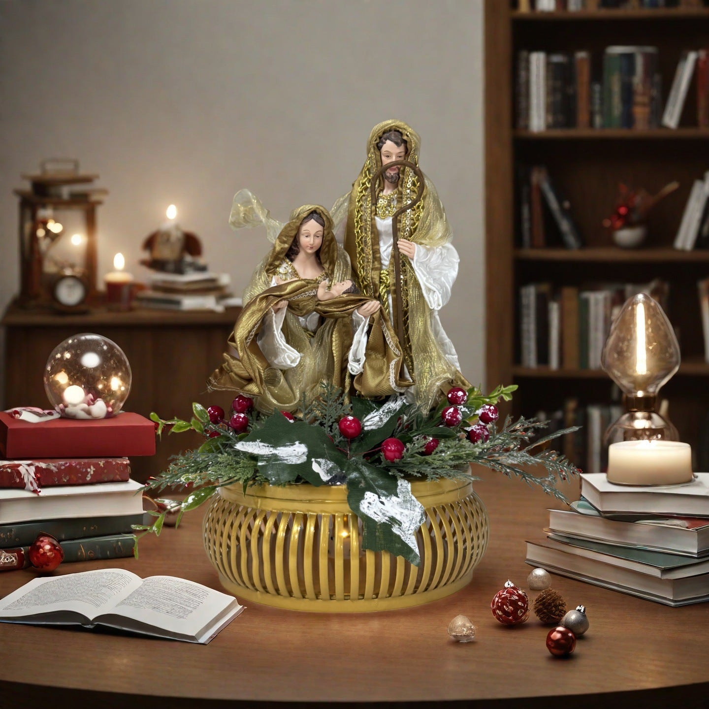 Gold base Holy Family nativity beside a fireplace
